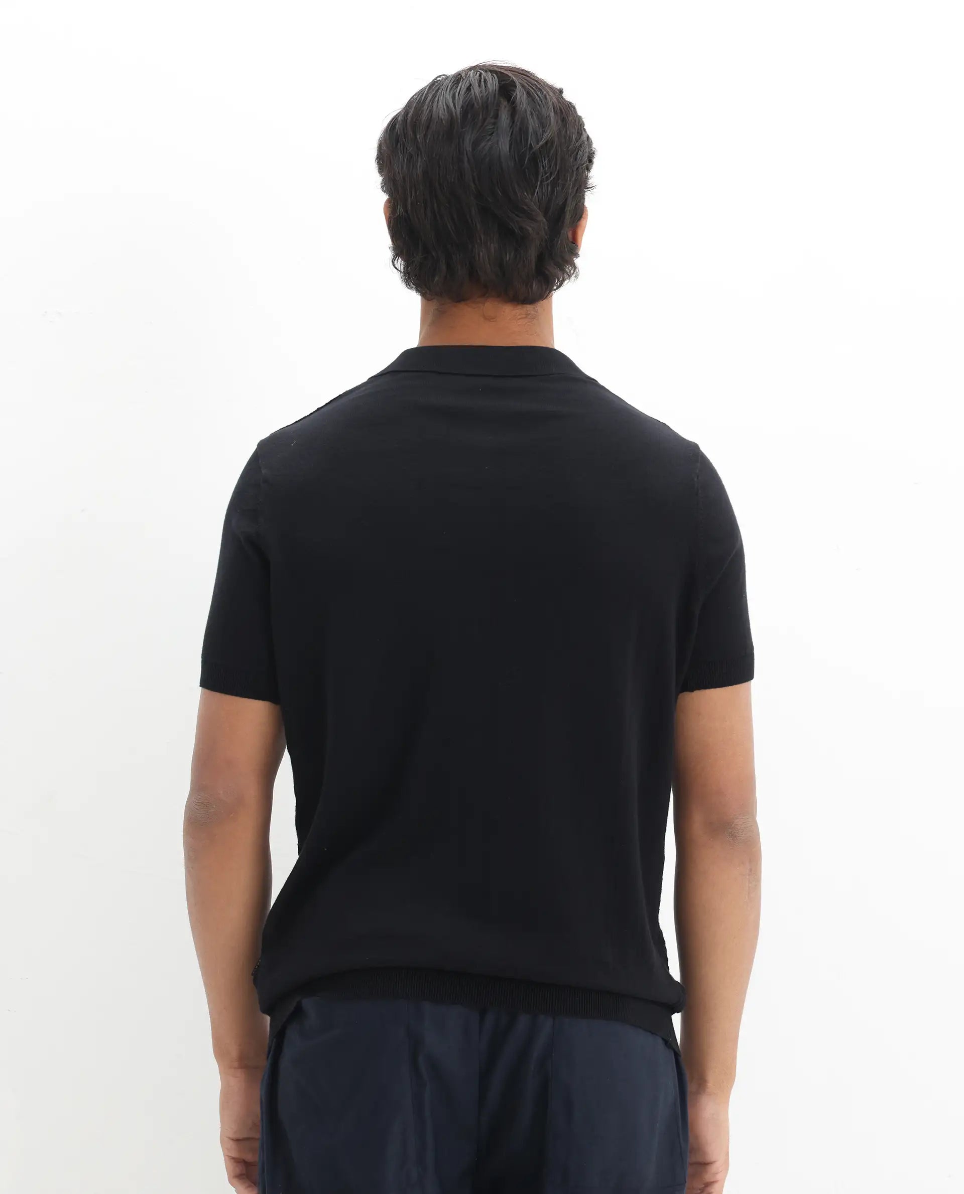 Rare Rabbit Men's Lincos Black Cotton Jacquard Slim Fit Half Sleeve Polo