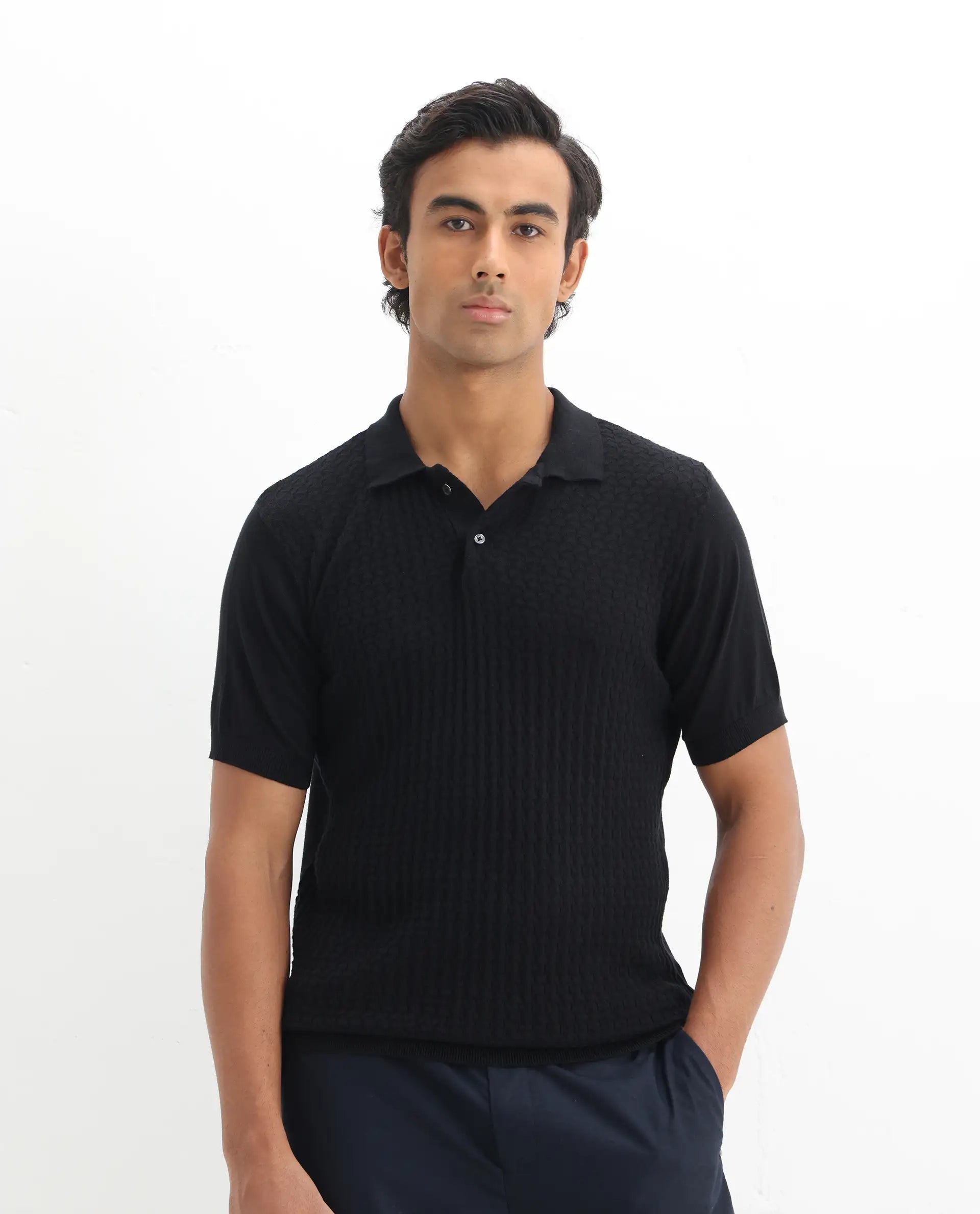 Rare Rabbit Men's Lincos Black Cotton Jacquard Slim Fit Half Sleeve Polo
