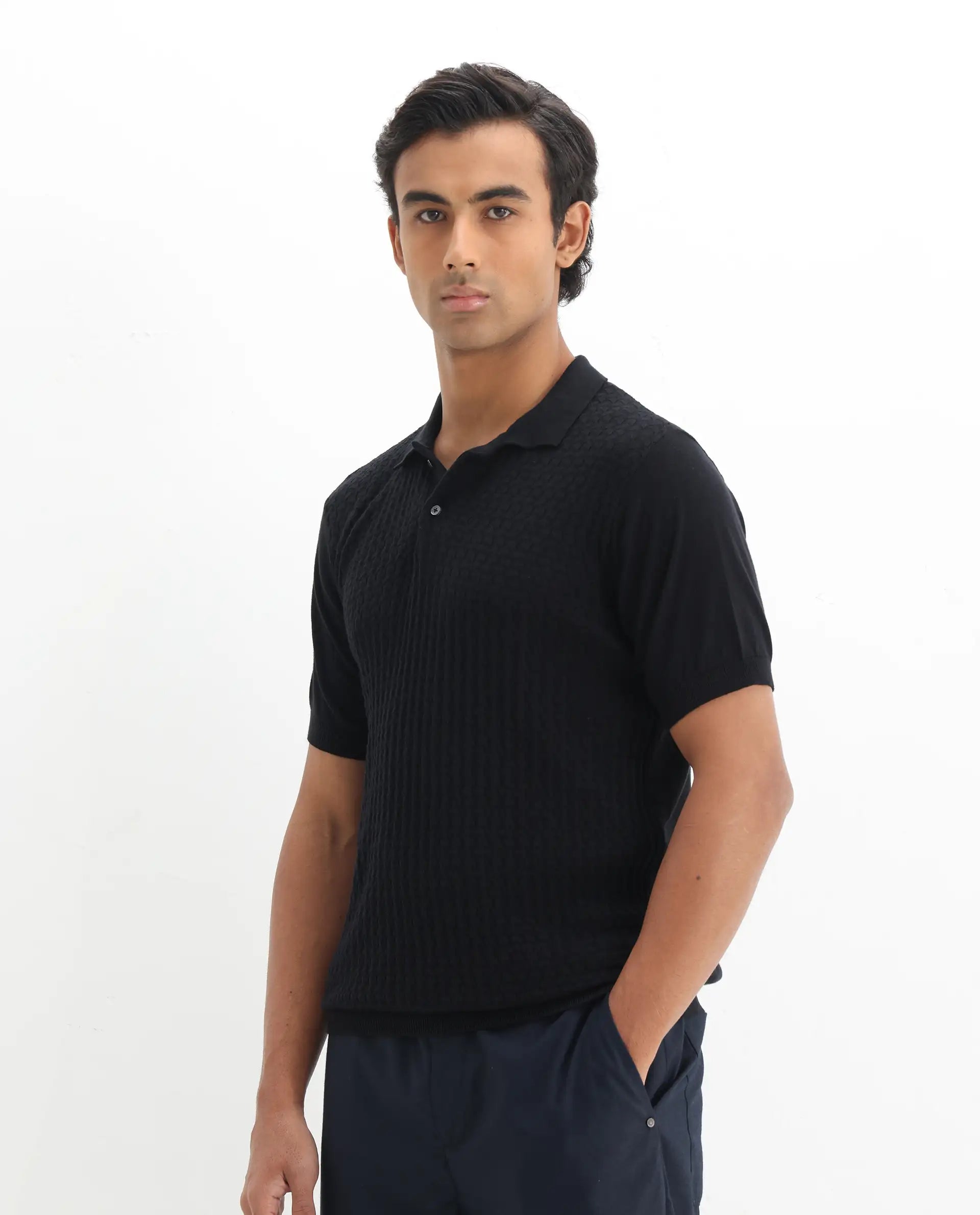 Rare Rabbit Men's Lincos Black Cotton Jacquard Slim Fit Half Sleeve Polo