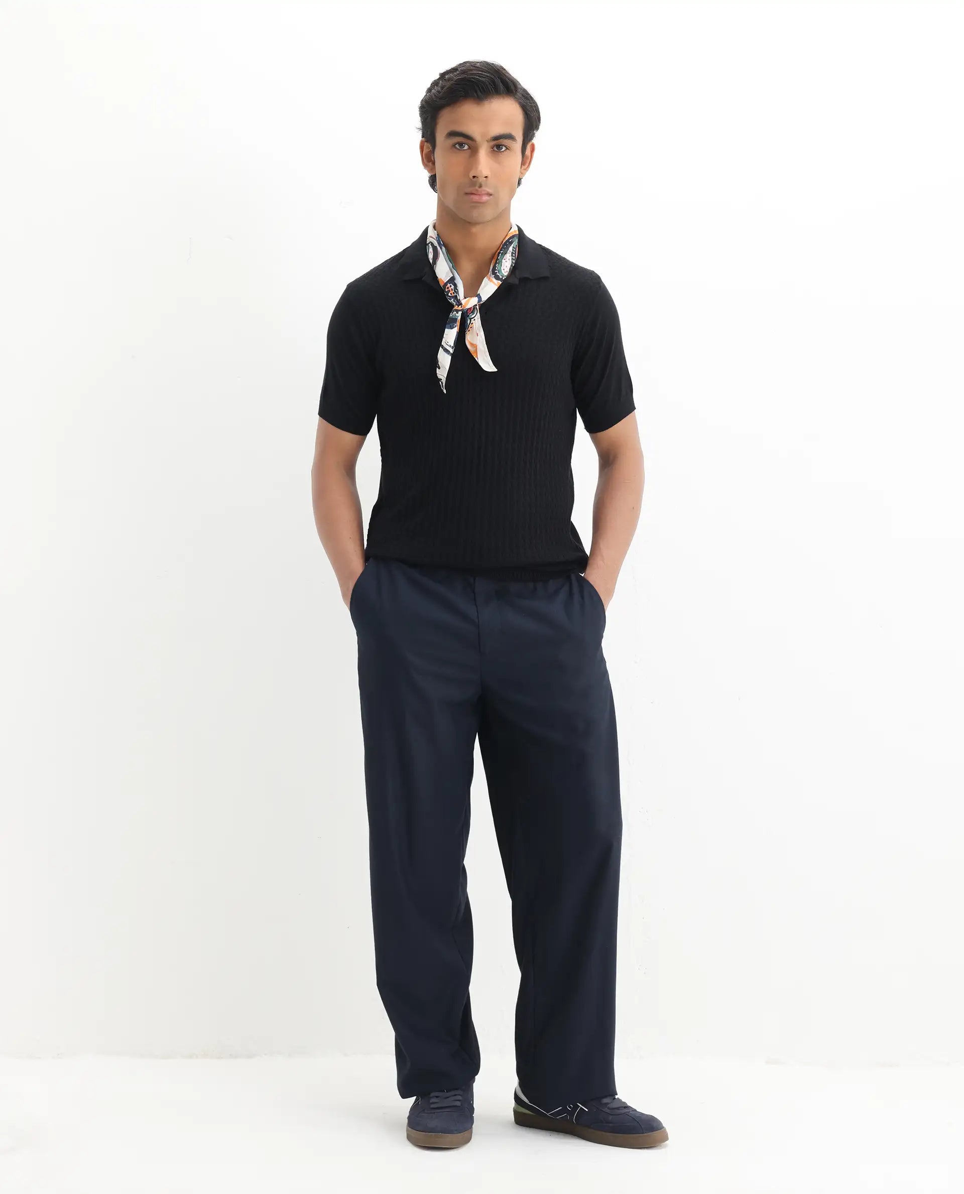 Rare Rabbit Men's Lincos Black Cotton Jacquard Slim Fit Half Sleeve Polo