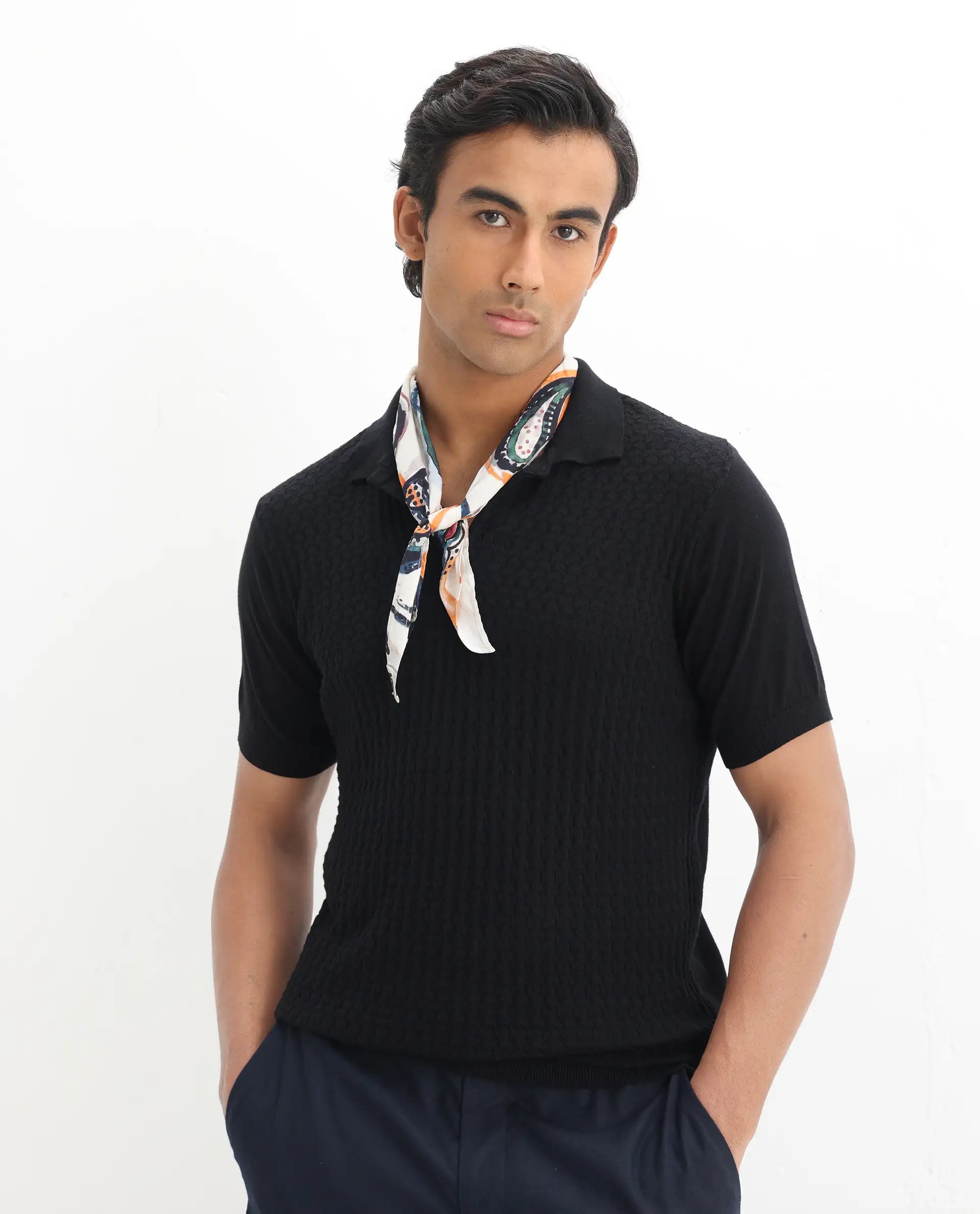 Rare Rabbit Men's Lincos Black Cotton Jacquard Slim Fit Half Sleeve Polo