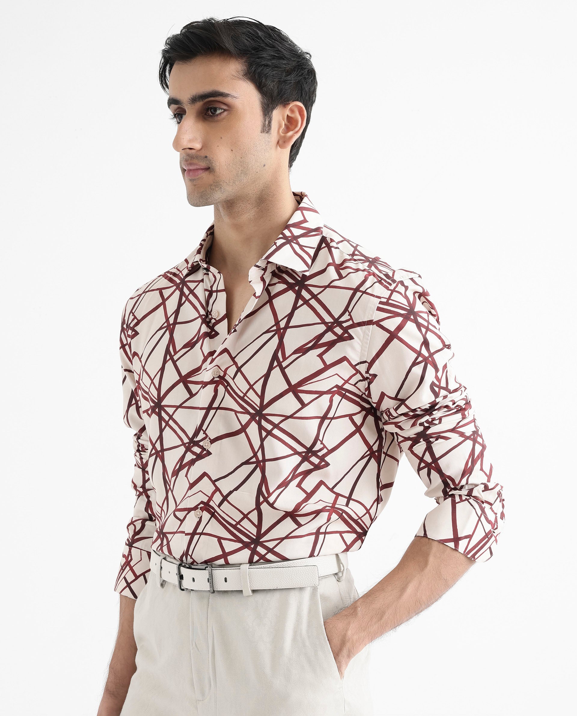 Rare Rabbit Men's Linden Beige Viscose Fabric Regular Collar Full Sleeve Abstract Print Shirt