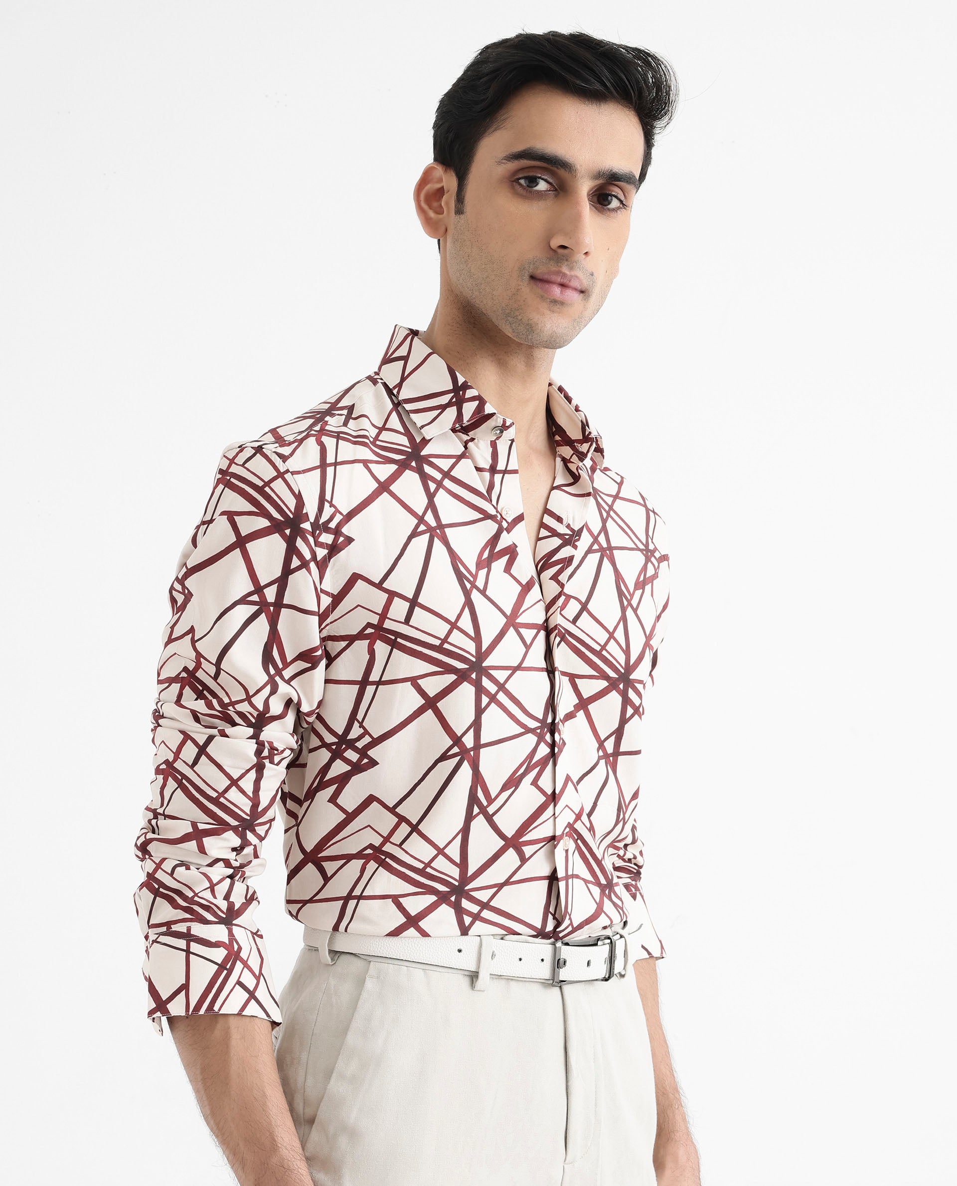 Rare Rabbit Men's Linden Beige Viscose Fabric Regular Collar Full Sleeve Abstract Print Shirt