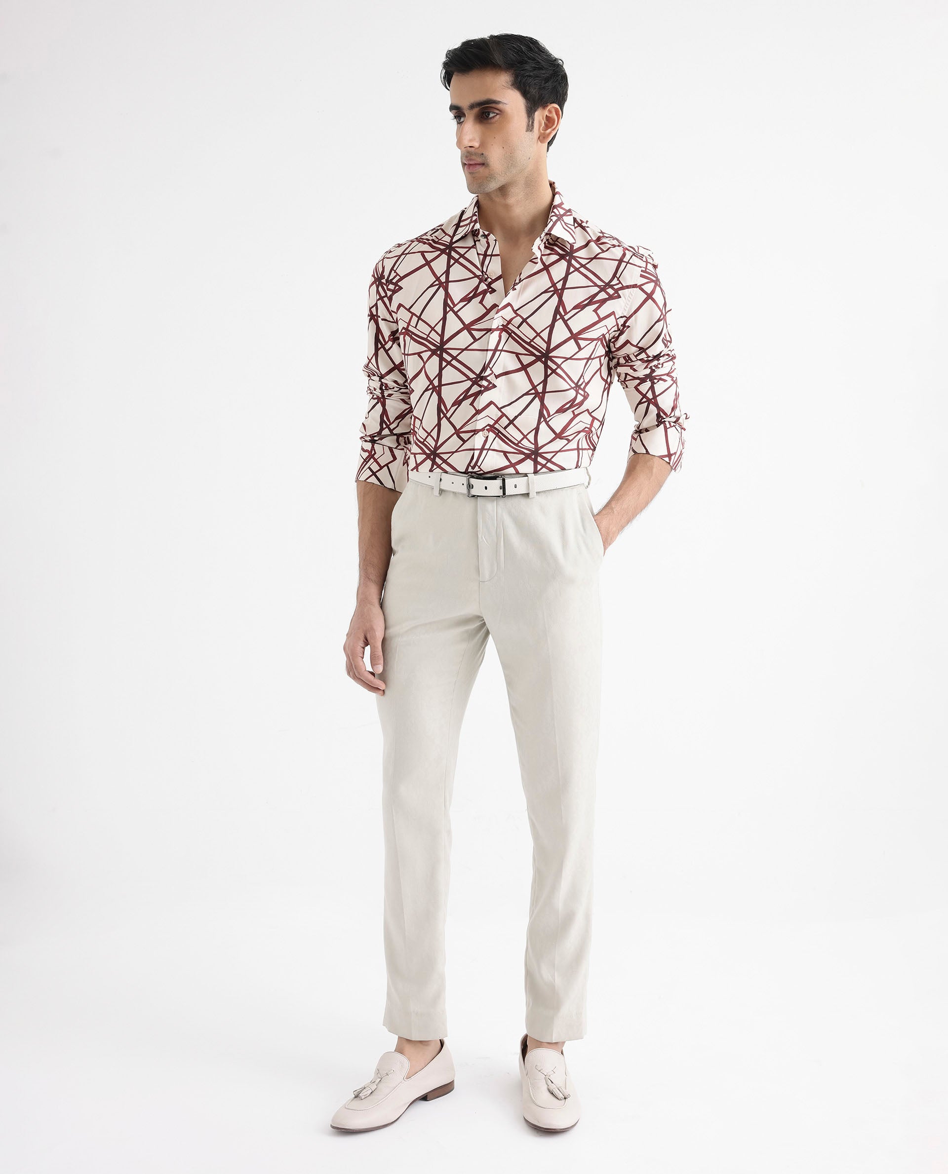 Rare Rabbit Men's Linden Beige Viscose Fabric Regular Collar Full Sleeve Abstract Print Shirt