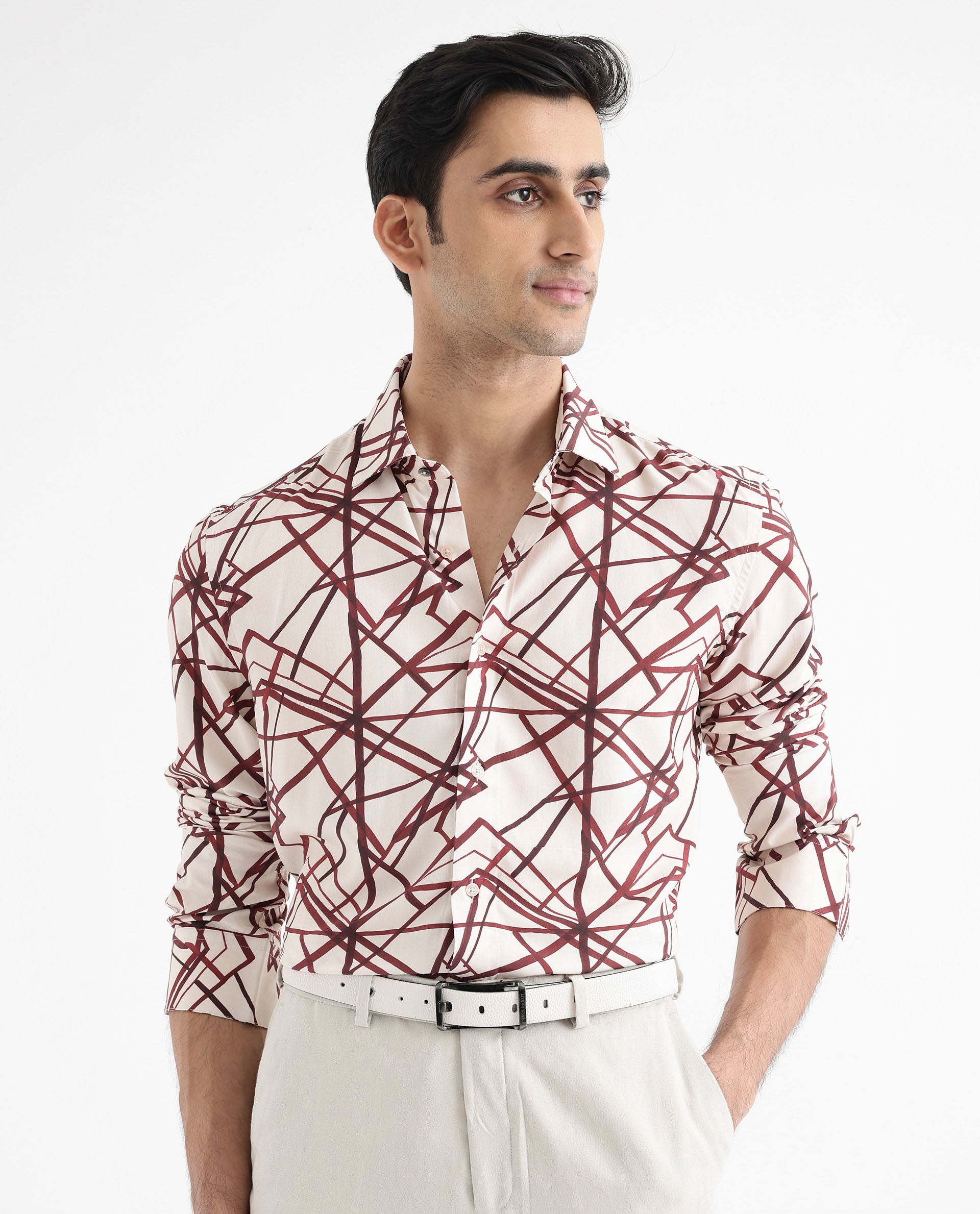 Rare Rabbit Men's Linden Beige Viscose Fabric Regular Collar Full Sleeve Abstract Print Shirt