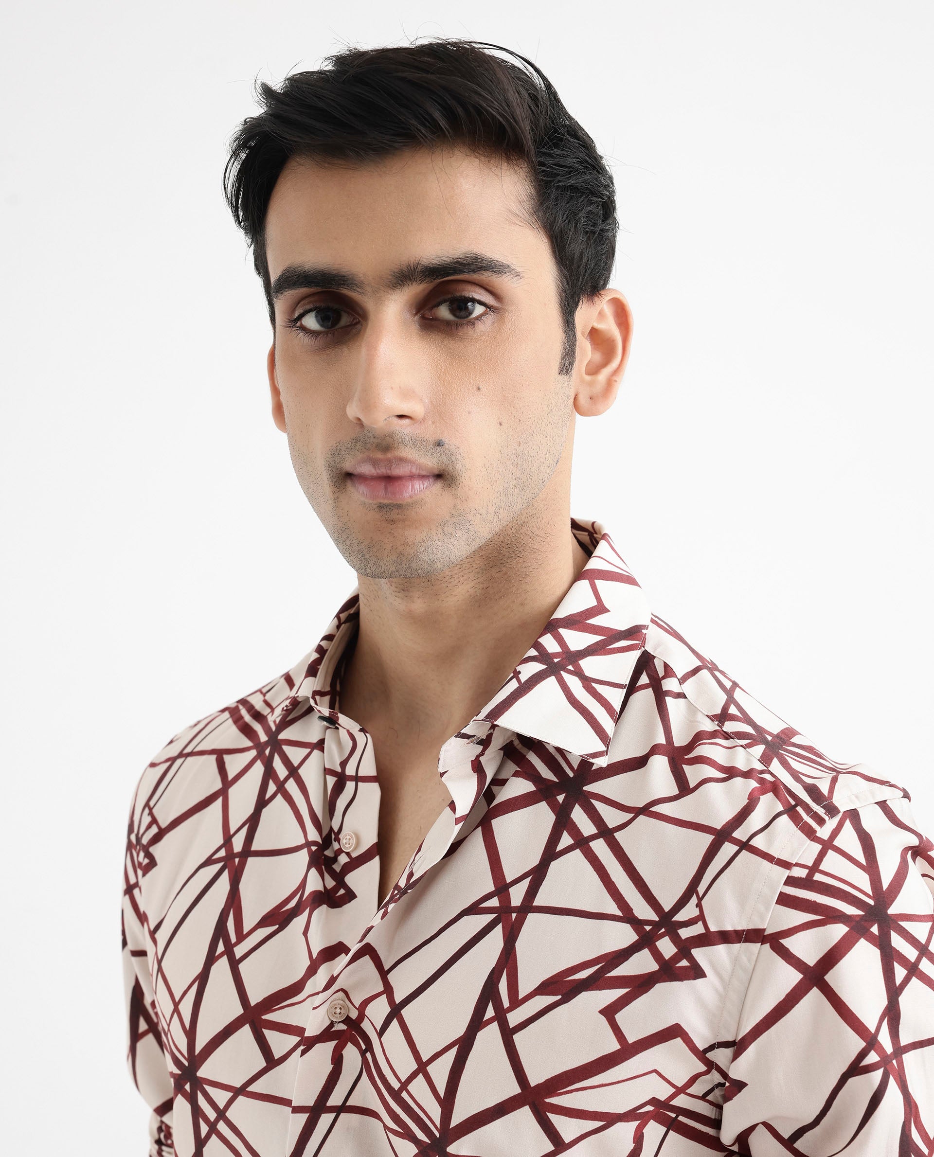 Rare Rabbit Men's Linden Beige Viscose Fabric Regular Collar Full Sleeve Abstract Print Shirt