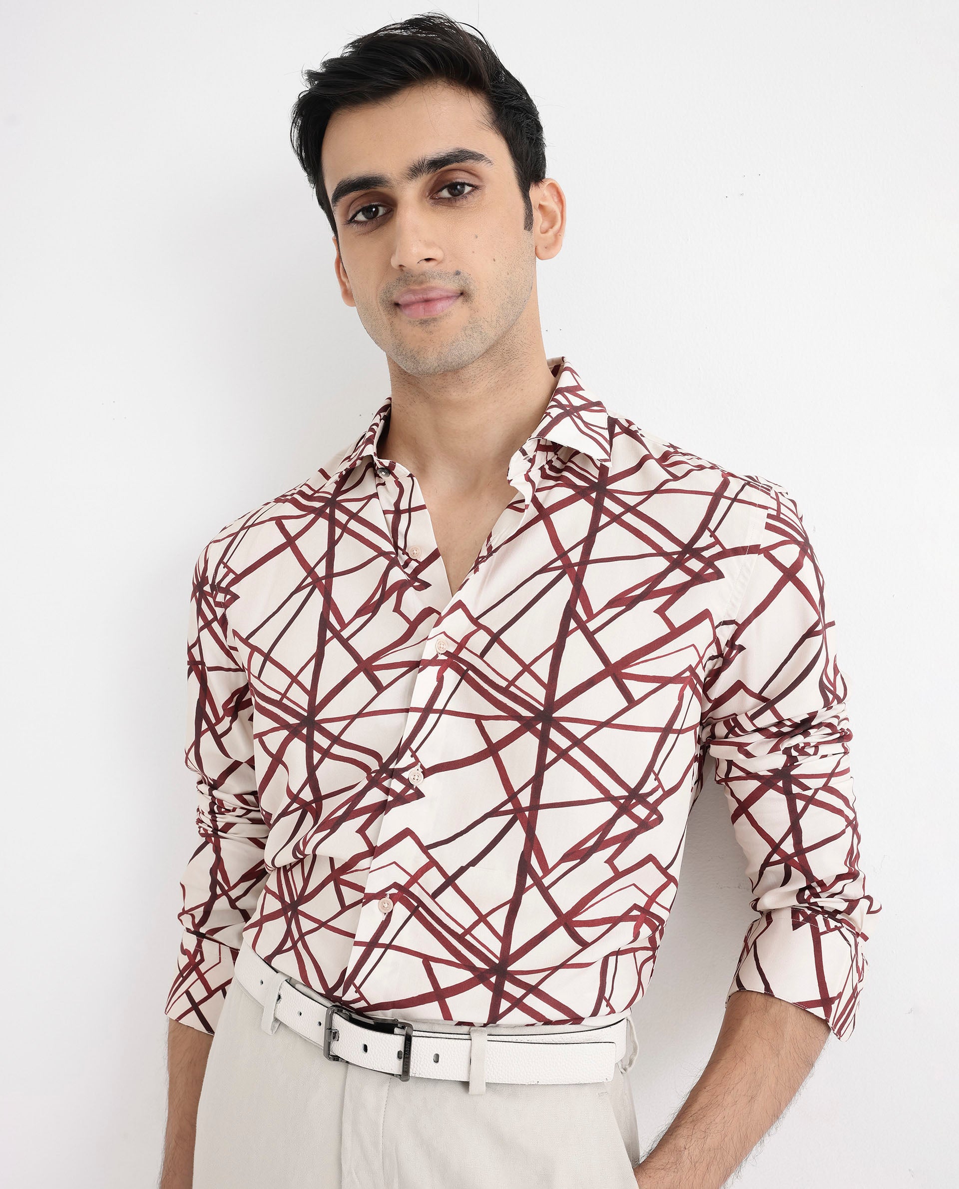 Rare Rabbit Men's Linden Beige Viscose Fabric Regular Collar Full Sleeve Abstract Print Shirt