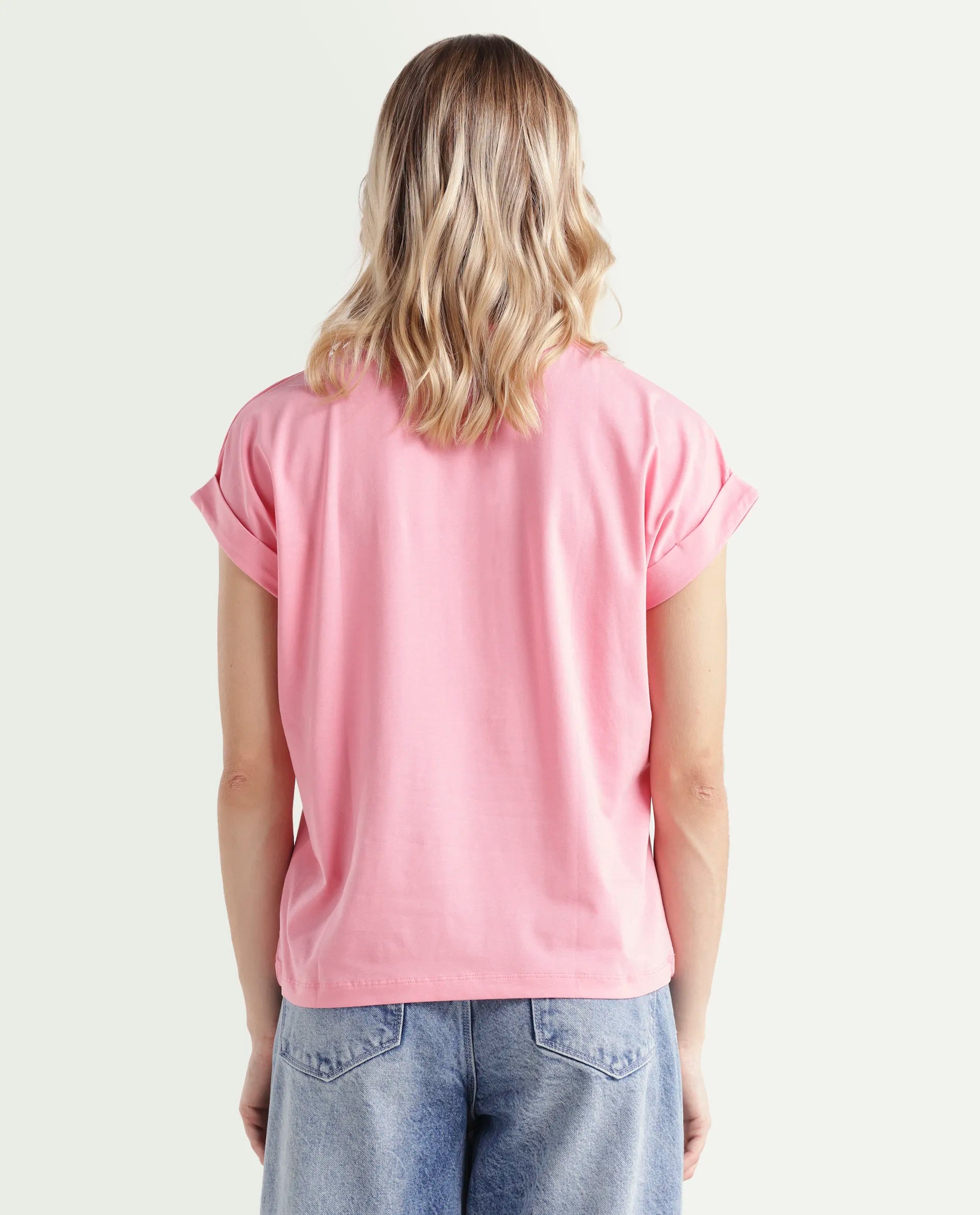 Rareism Women's Linden Light Pink Cotton Blend Crew Neck Typography Print Extended Sleeves Regular Fit T-Shirt