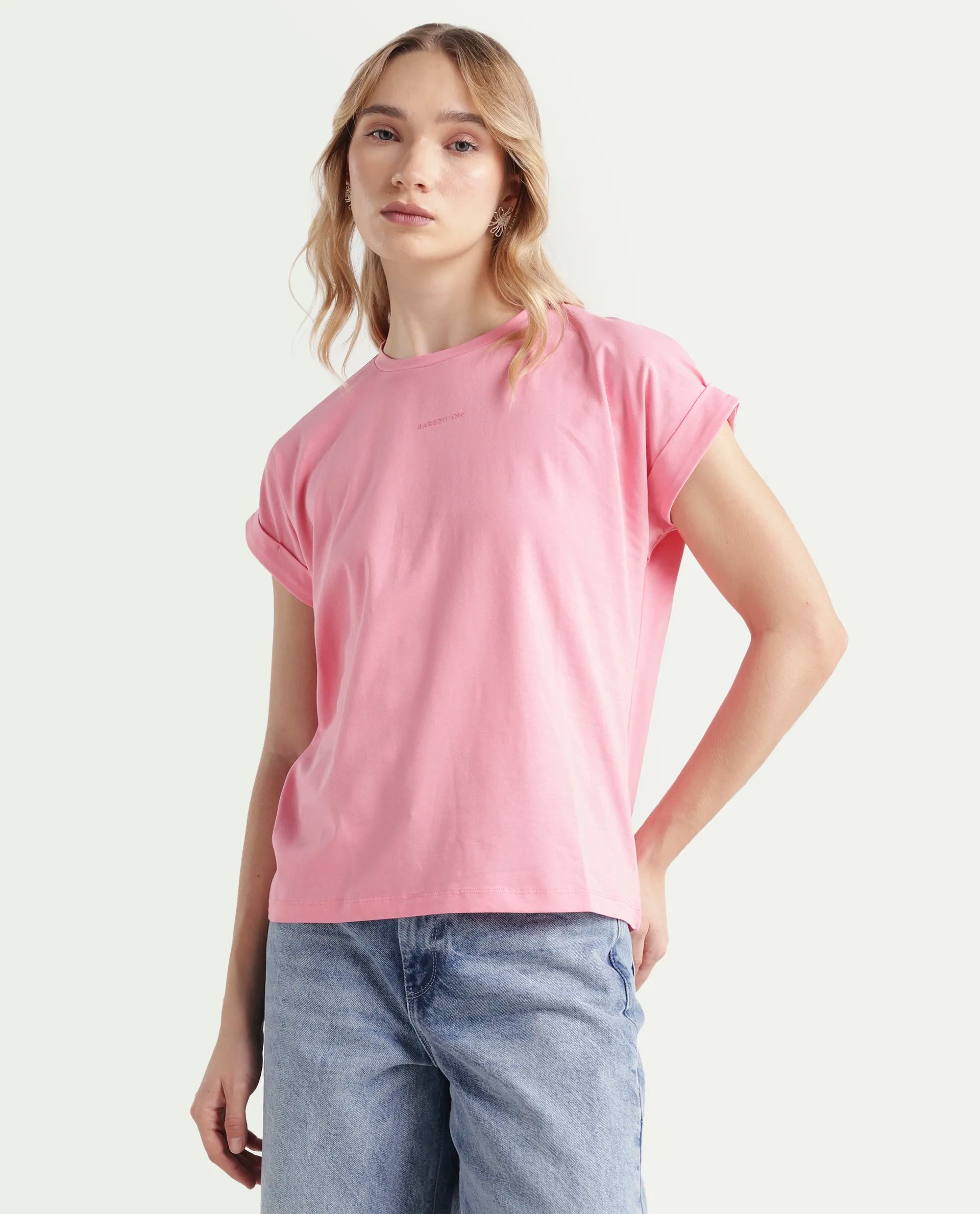 Rareism Women's Linden Light Pink Cotton Blend Crew Neck Typography Print Extended Sleeves Regular Fit T-Shirt