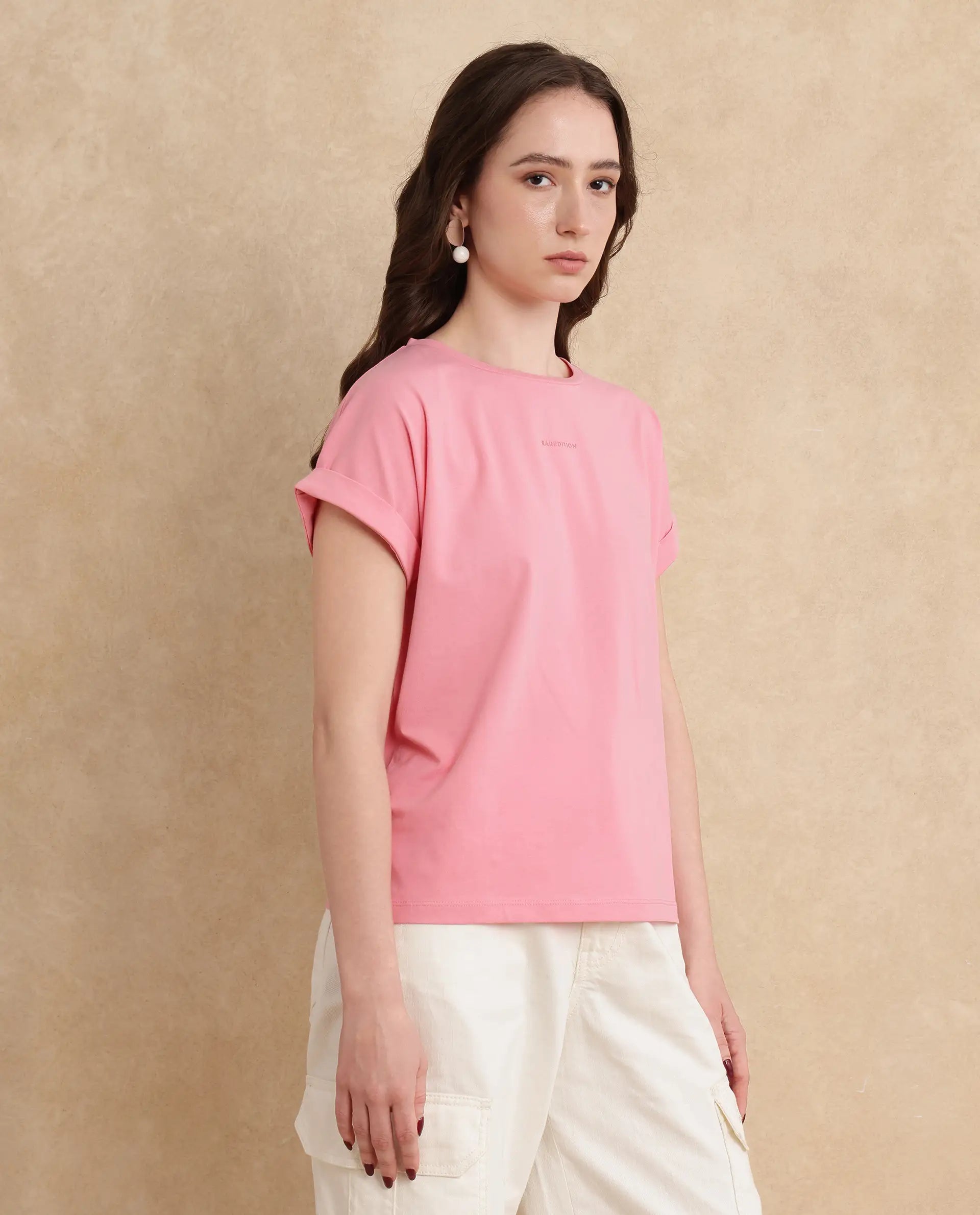 Rareism Women Linden Light Pink Cotton Lycra Fabric Half Sleeve Typography Print T-Shirt