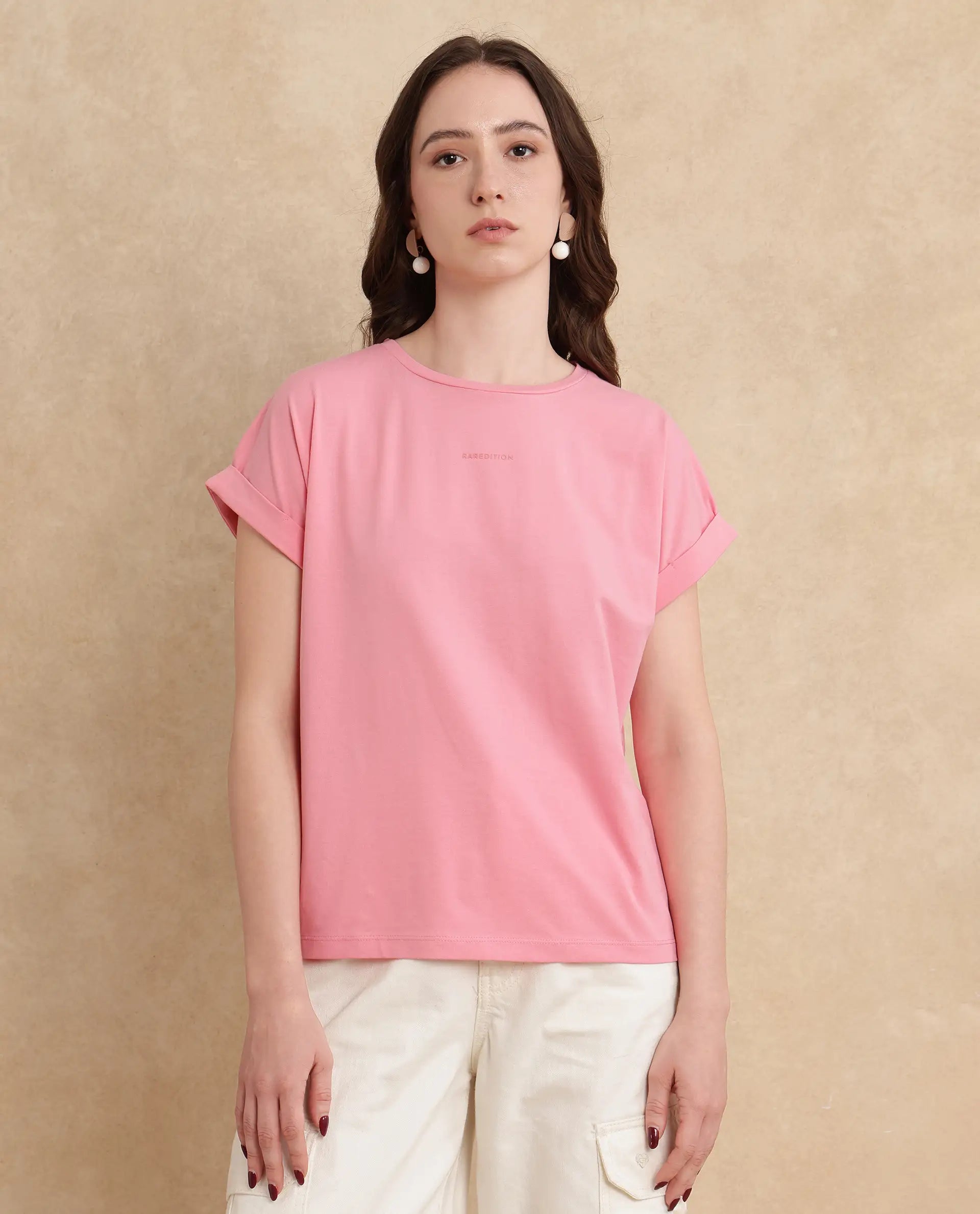 Rareism Women Linden Light Pink Cotton Lycra Fabric Half Sleeve Typography Print T-Shirt