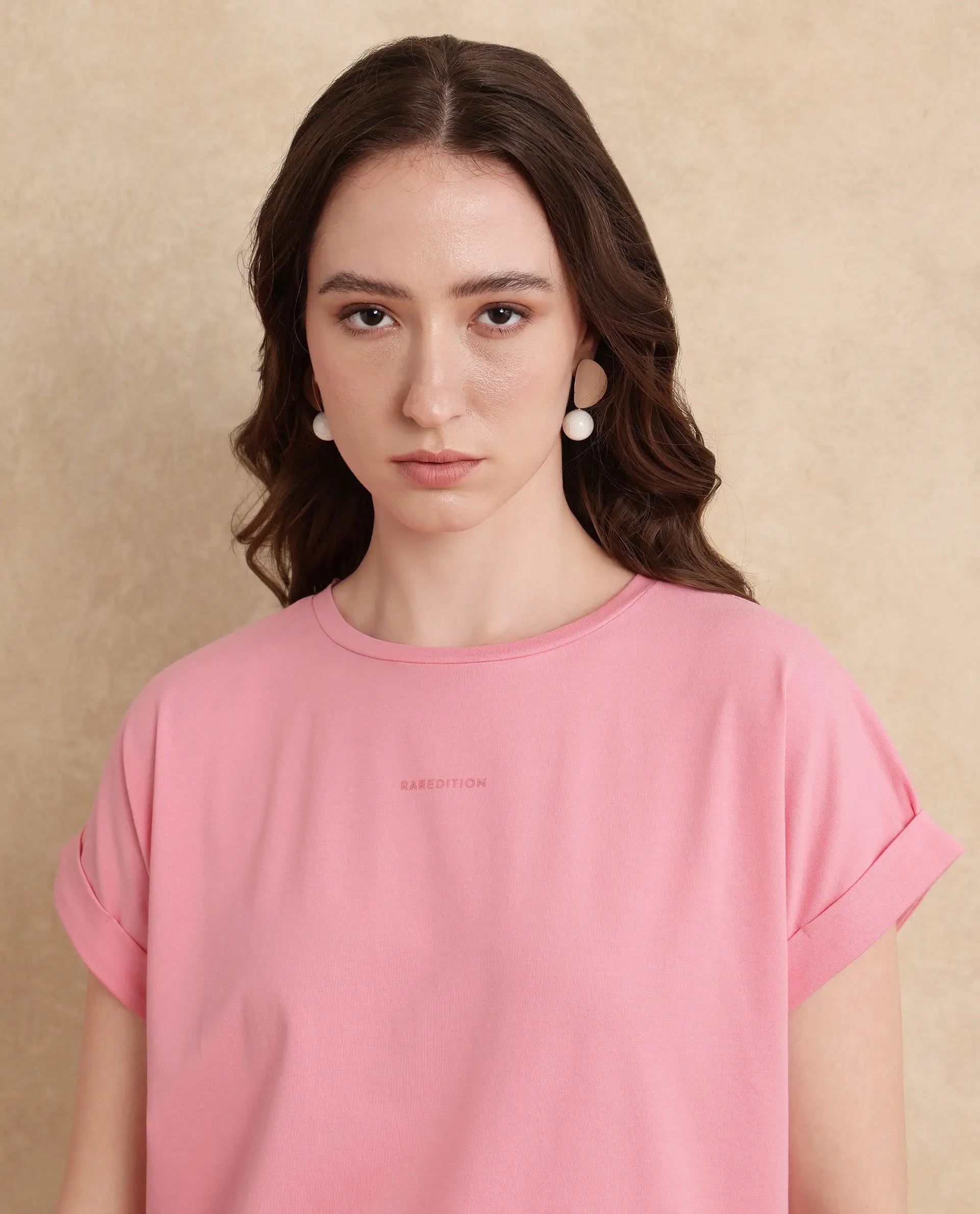 Rareism Women Linden Light Pink Cotton Lycra Fabric Half Sleeve Typography Print T-Shirt