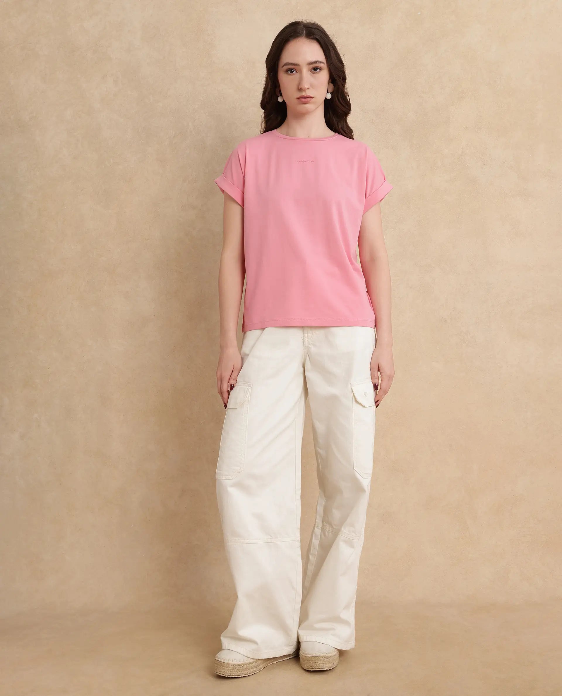 Rareism Women Linden Light Pink Cotton Lycra Fabric Half Sleeve Typography Print T-Shirt