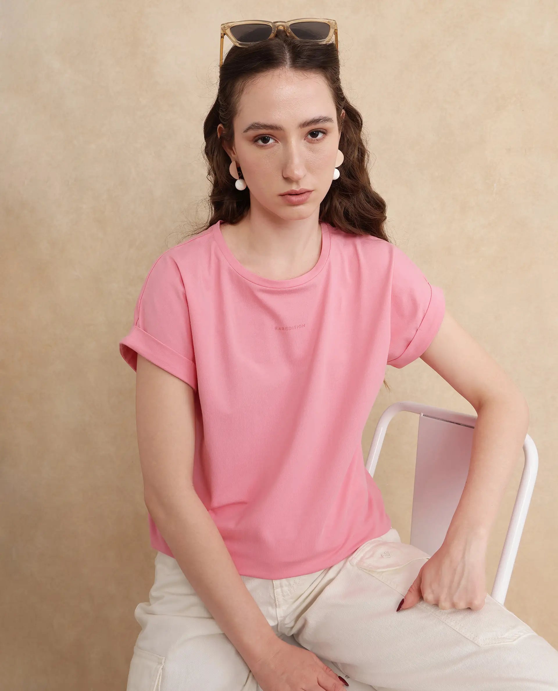 Rareism Women Linden Light Pink Cotton Lycra Fabric Half Sleeve Typography Print T-Shirt