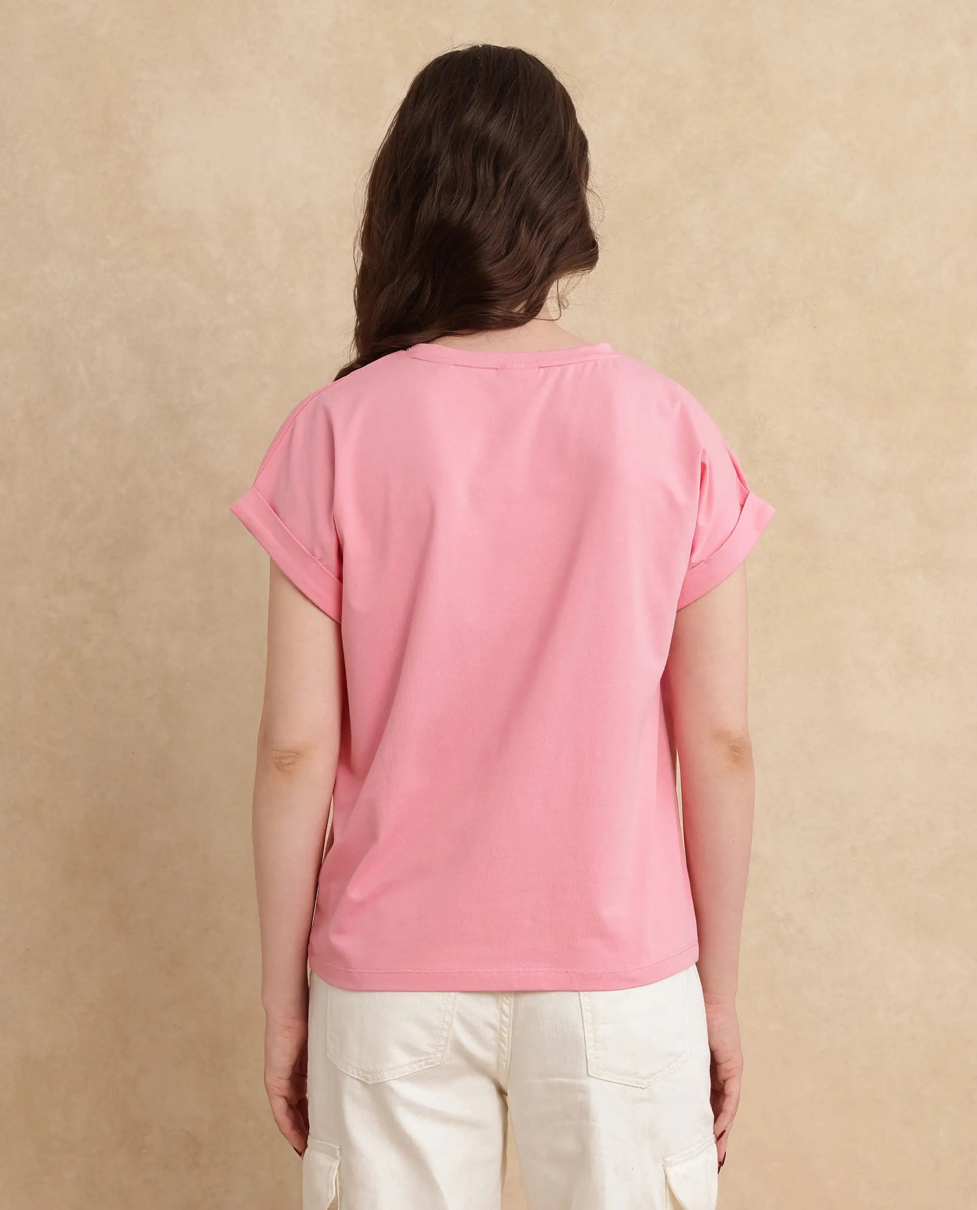 Rareism Women Linden Light Pink Cotton Lycra Fabric Half Sleeve Typography Print T-Shirt