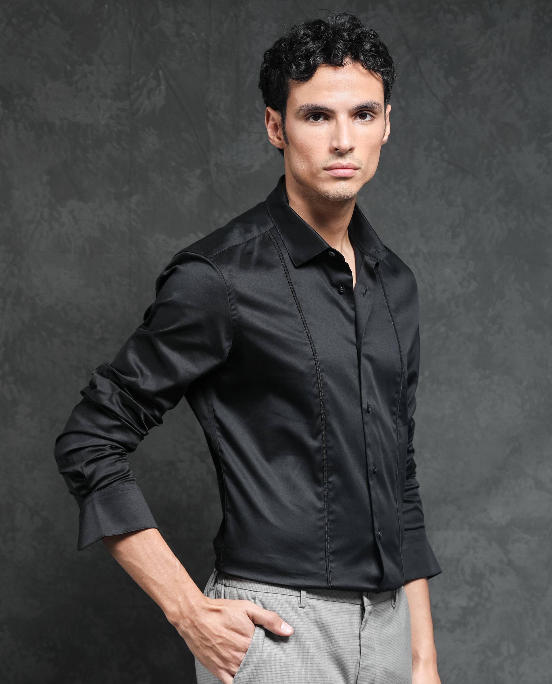 Rare Rabbit Men's Liner Black Cotton Lycra Fabric Full Sleeves Solid Shirt