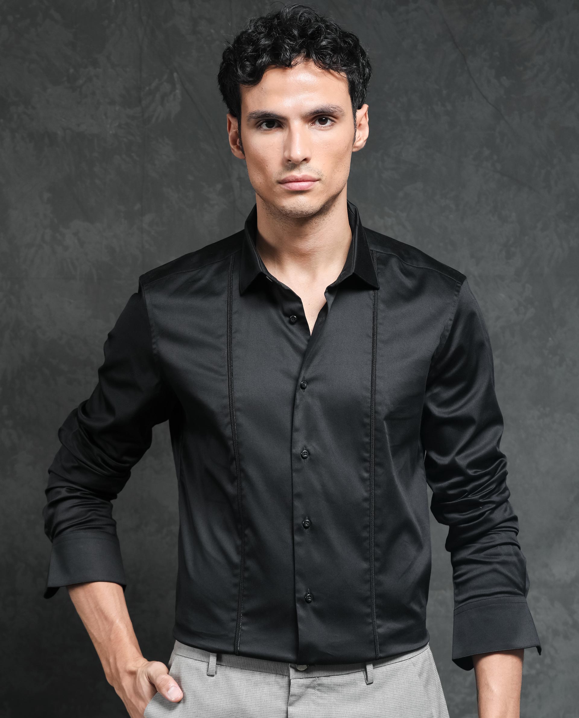 Rare Rabbit Men's Liner Black Cotton Lycra Fabric Full Sleeves Solid Shirt