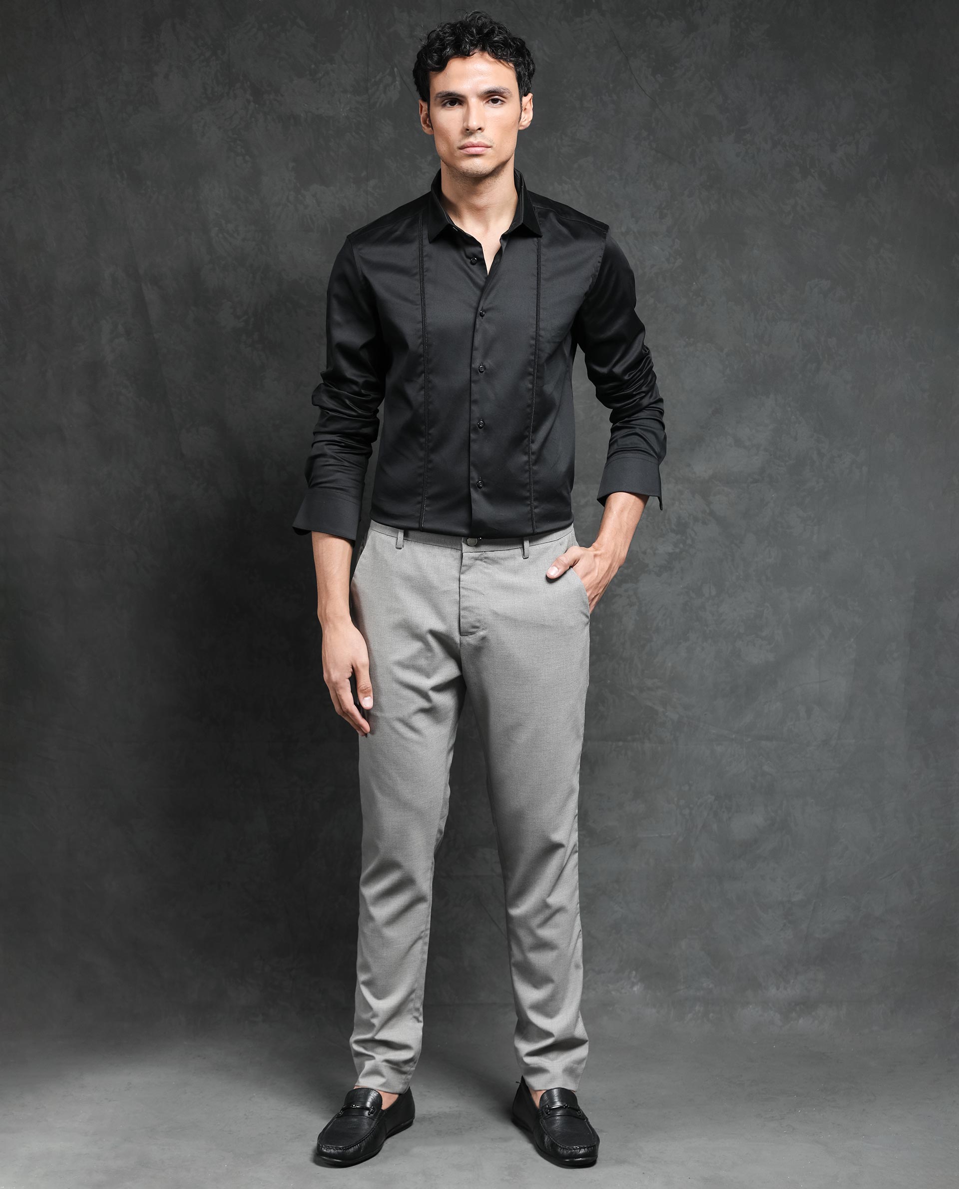 Rare Rabbit Men's Liner Black Cotton Lycra Fabric Full Sleeves Solid Shirt