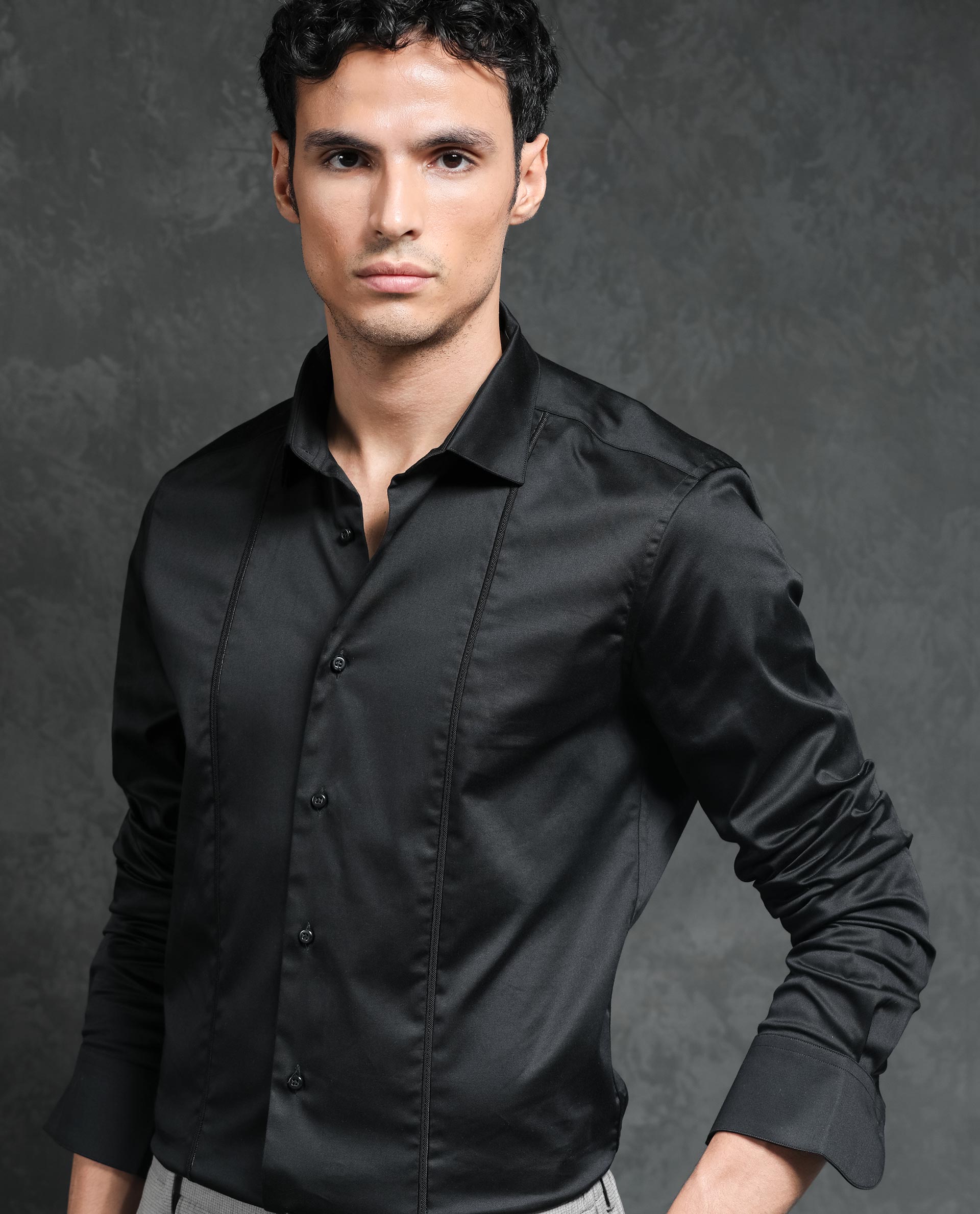 Rare Rabbit Men's Liner Black Cotton Lycra Fabric Full Sleeves Solid Shirt