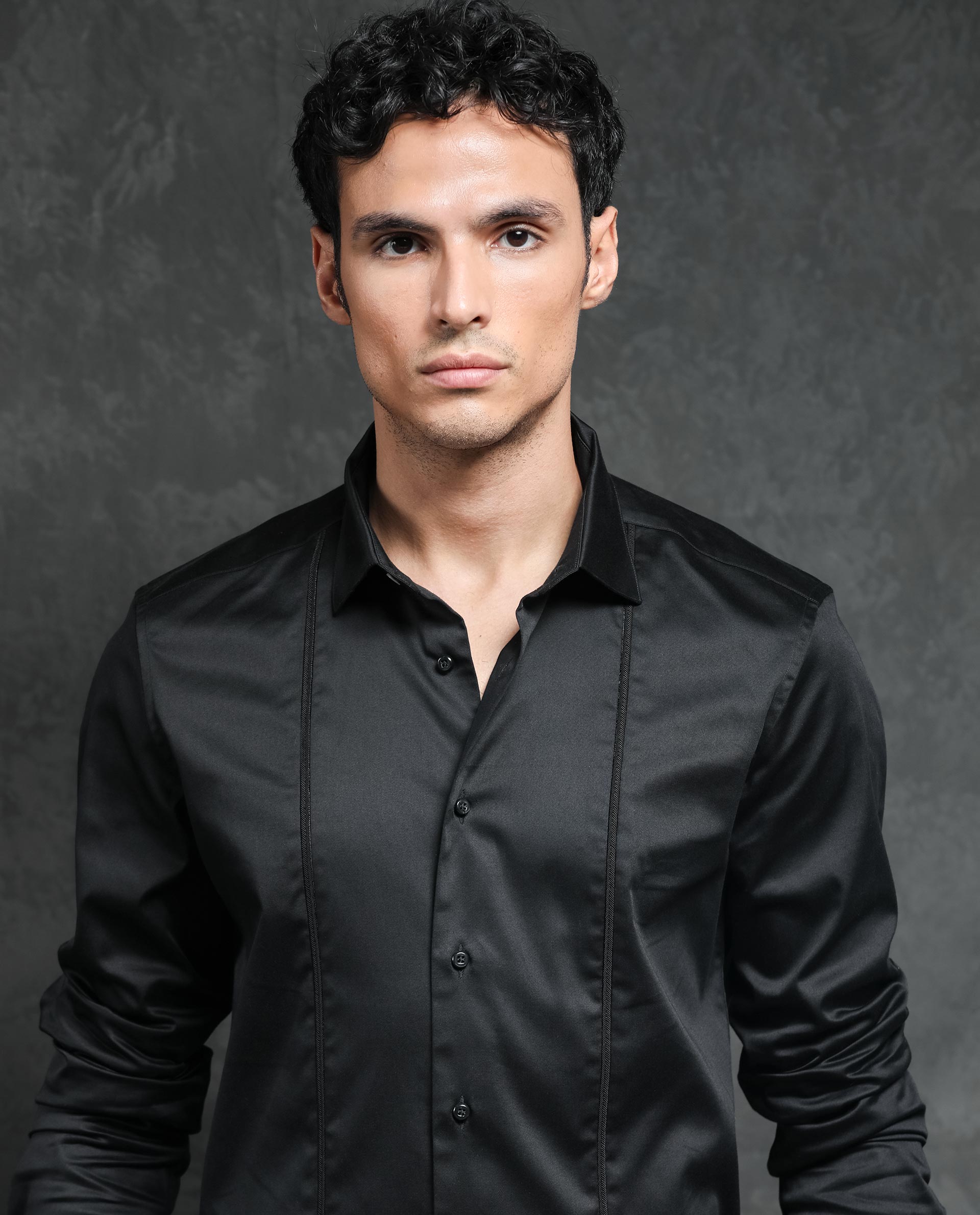 Rare Rabbit Men's Liner Black Cotton Lycra Fabric Full Sleeves Solid Shirt