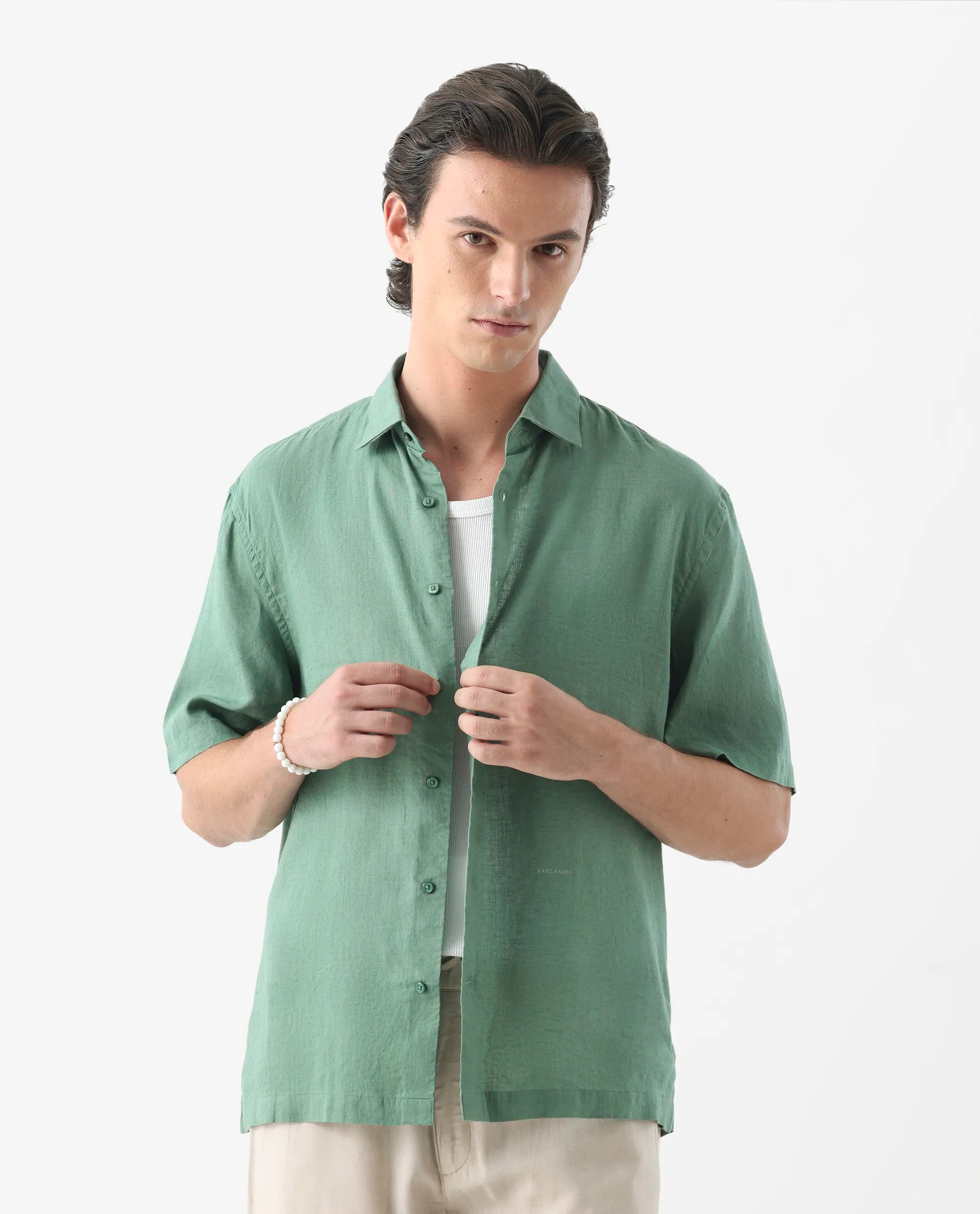 Rare Rabbit Men's Linex-1 Ss Light Green 100% Linen Plain Regular Fit Half Sleeve Collared Shirt
