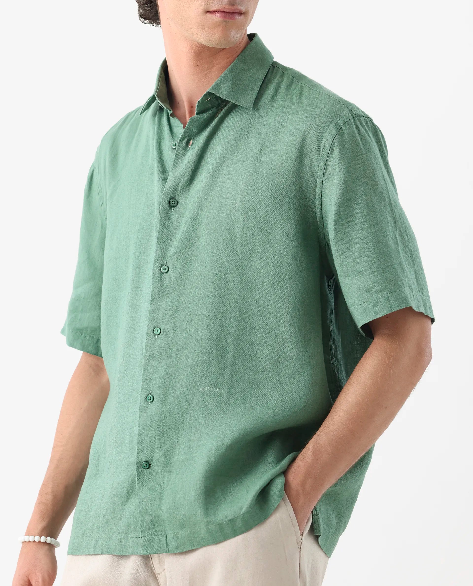 Rare Rabbit Men's Linex-1 Ss Light Green 100% Linen Plain Regular Fit Half Sleeve Collared Shirt