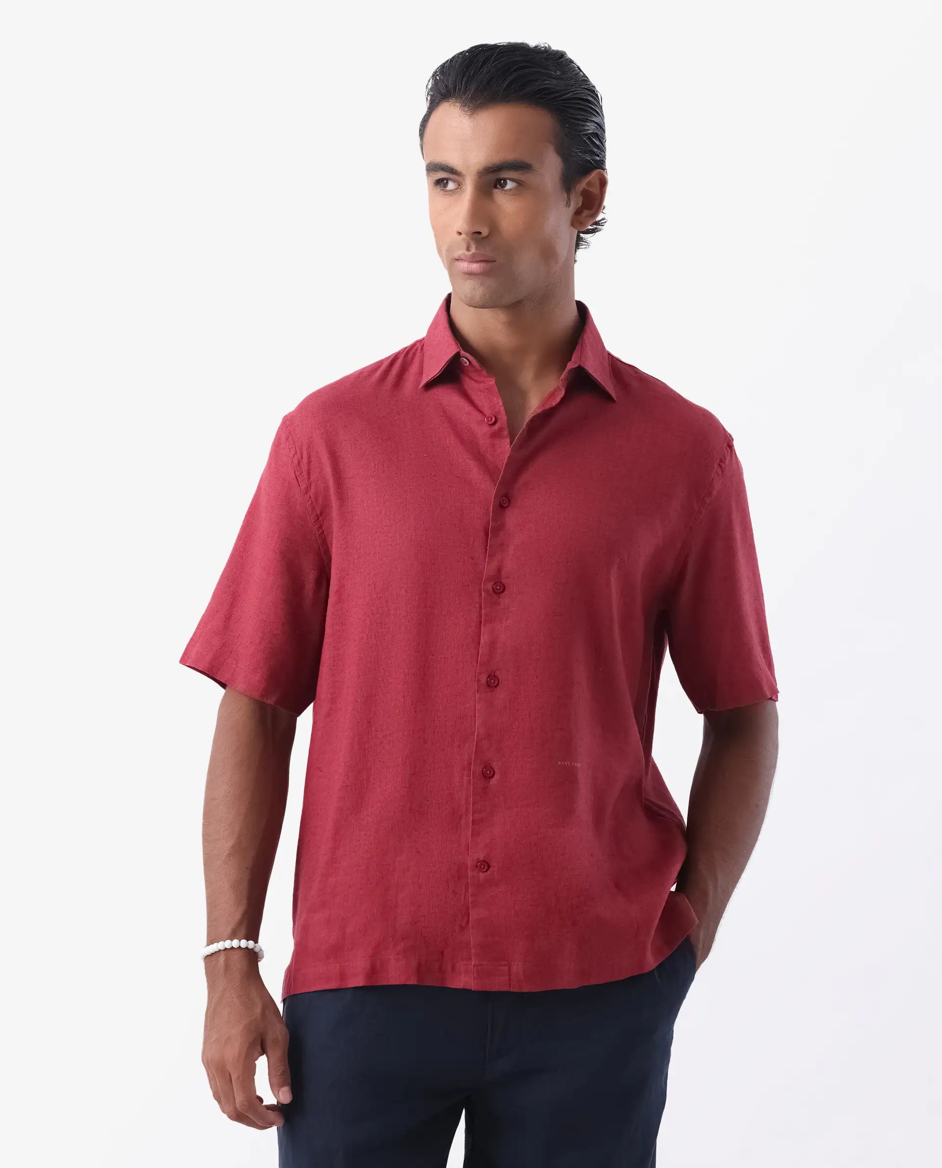 Rare Rabbit Men's Linex-1 Ss Red 100% Linen Plain Regular Fit Half Sleeve Collared Shirt