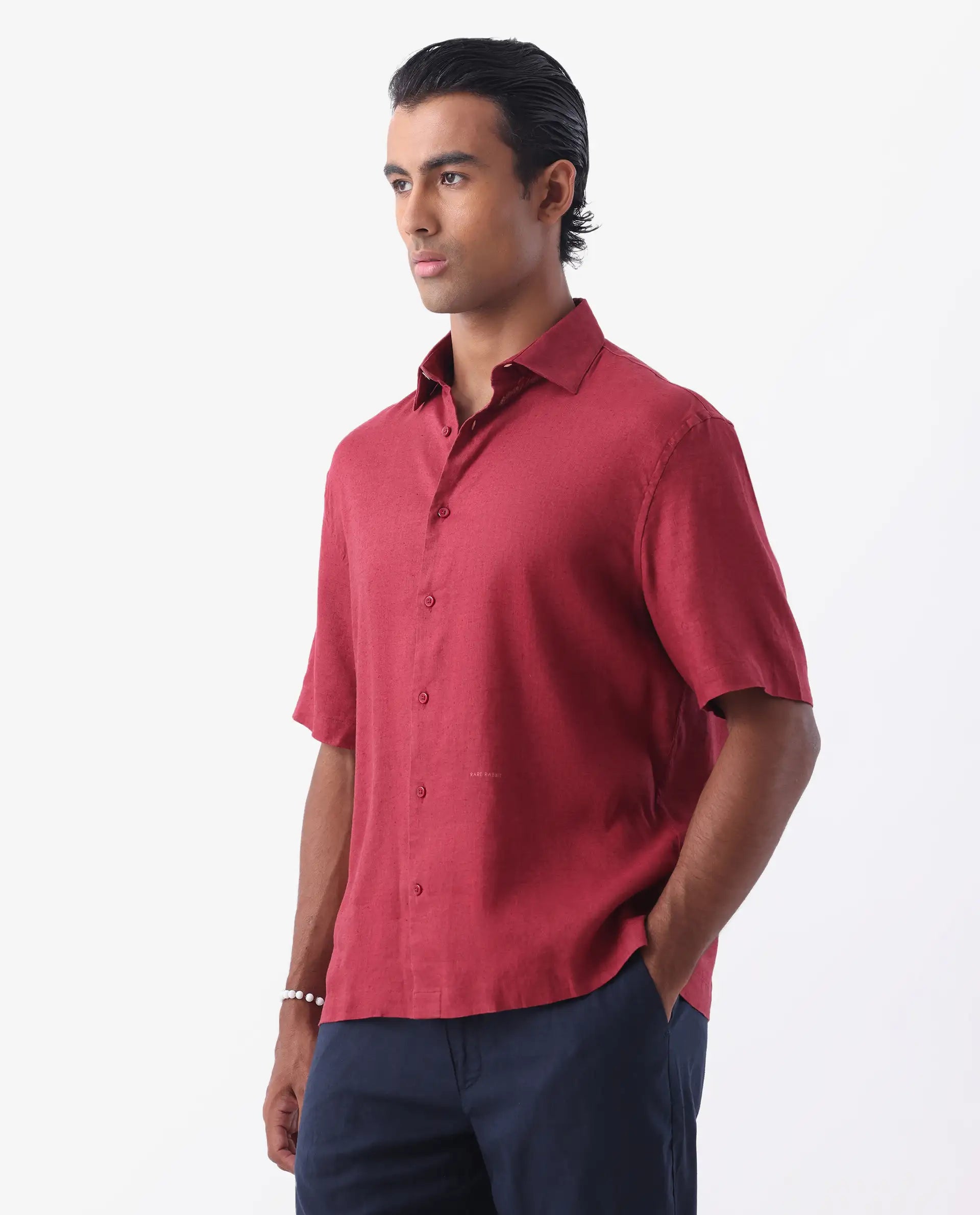 Rare Rabbit Men's Linex-1 Ss Red 100% Linen Plain Regular Fit Half Sleeve Collared Shirt