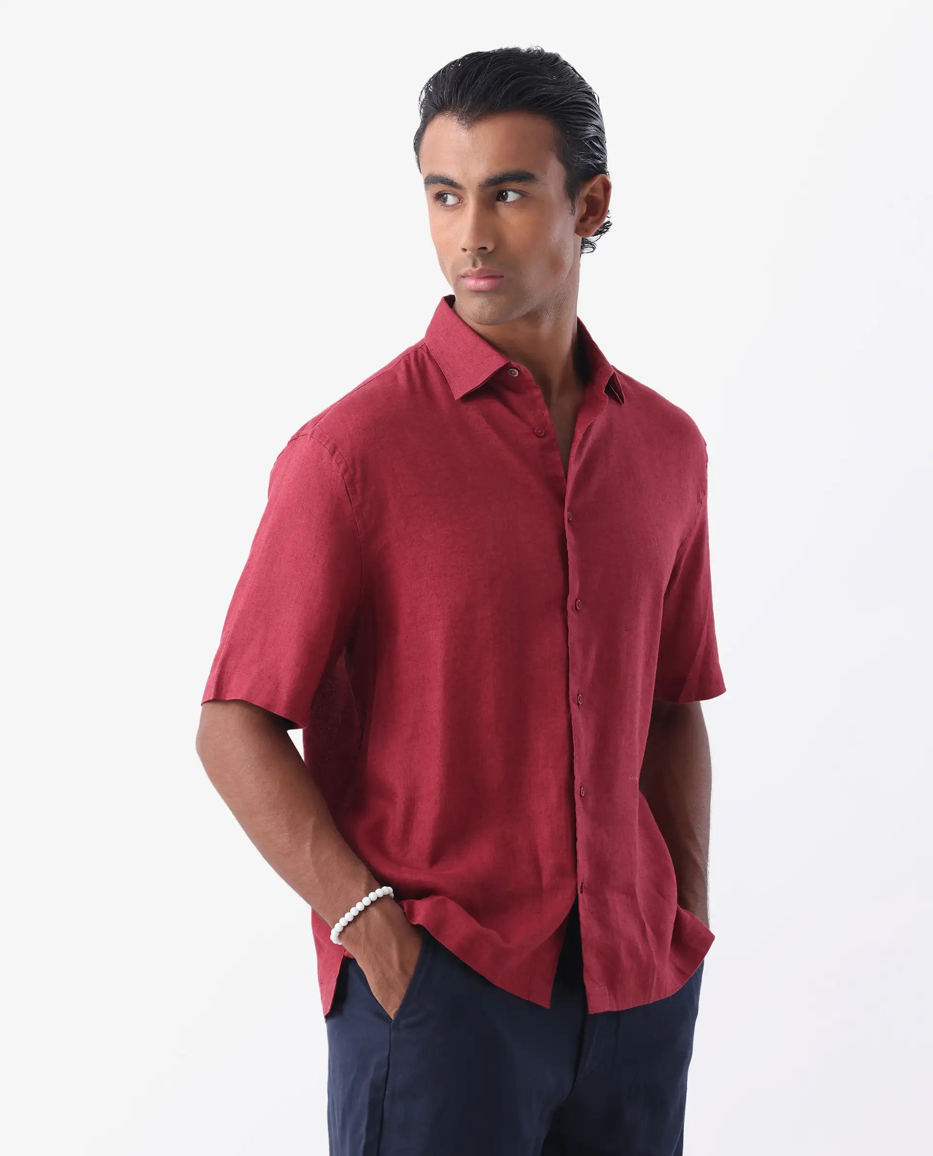 Rare Rabbit Men's Linex-1 Ss Red 100% Linen Plain Regular Fit Half Sleeve Collared Shirt