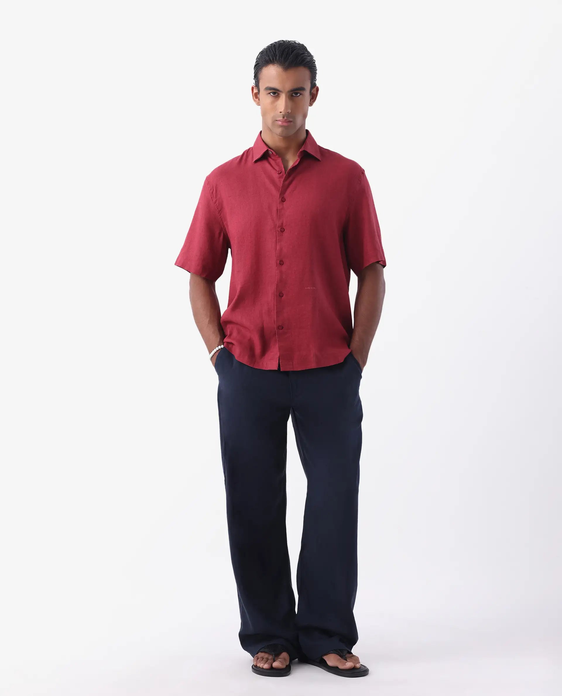 Rare Rabbit Men's Linex-1 Ss Red 100% Linen Plain Regular Fit Half Sleeve Collared Shirt