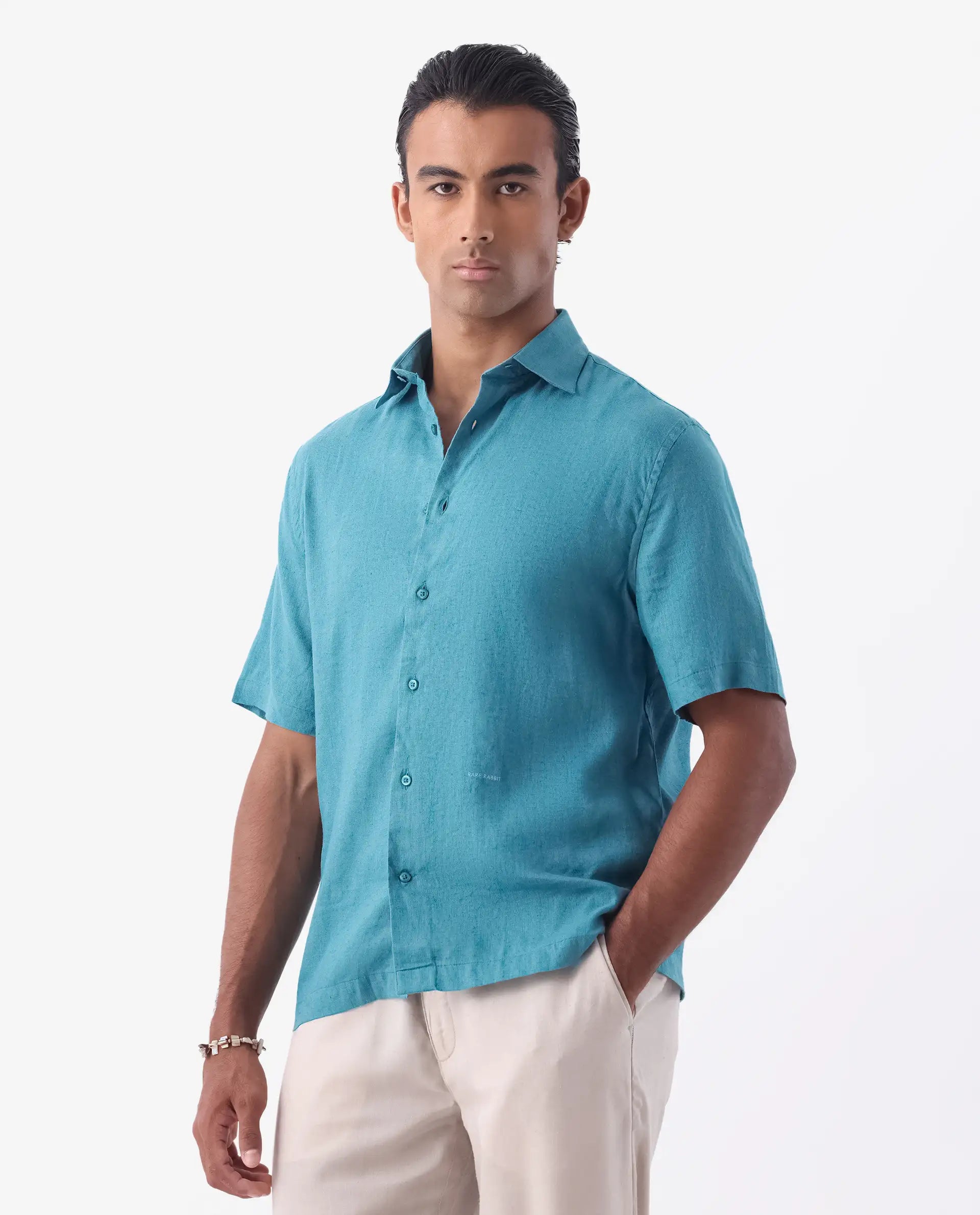 Rare Rabbit Men's Linex-1 Ss Turq 100% Linen Plain Regular Fit Half Sleeve Collared Shirt