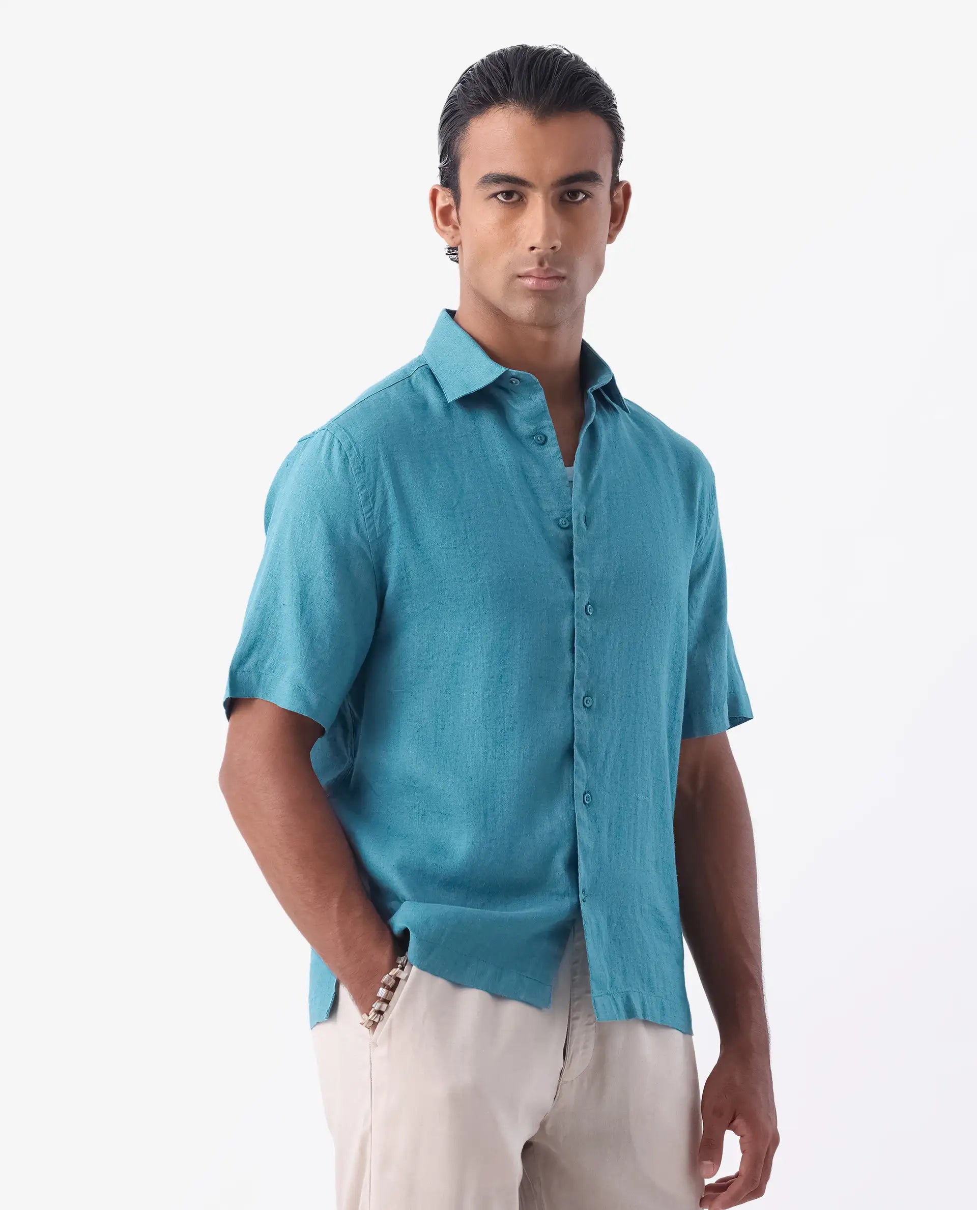Rare Rabbit Men's Linex-1 Ss Turq 100% Linen Plain Regular Fit Half Sleeve Collared Shirt