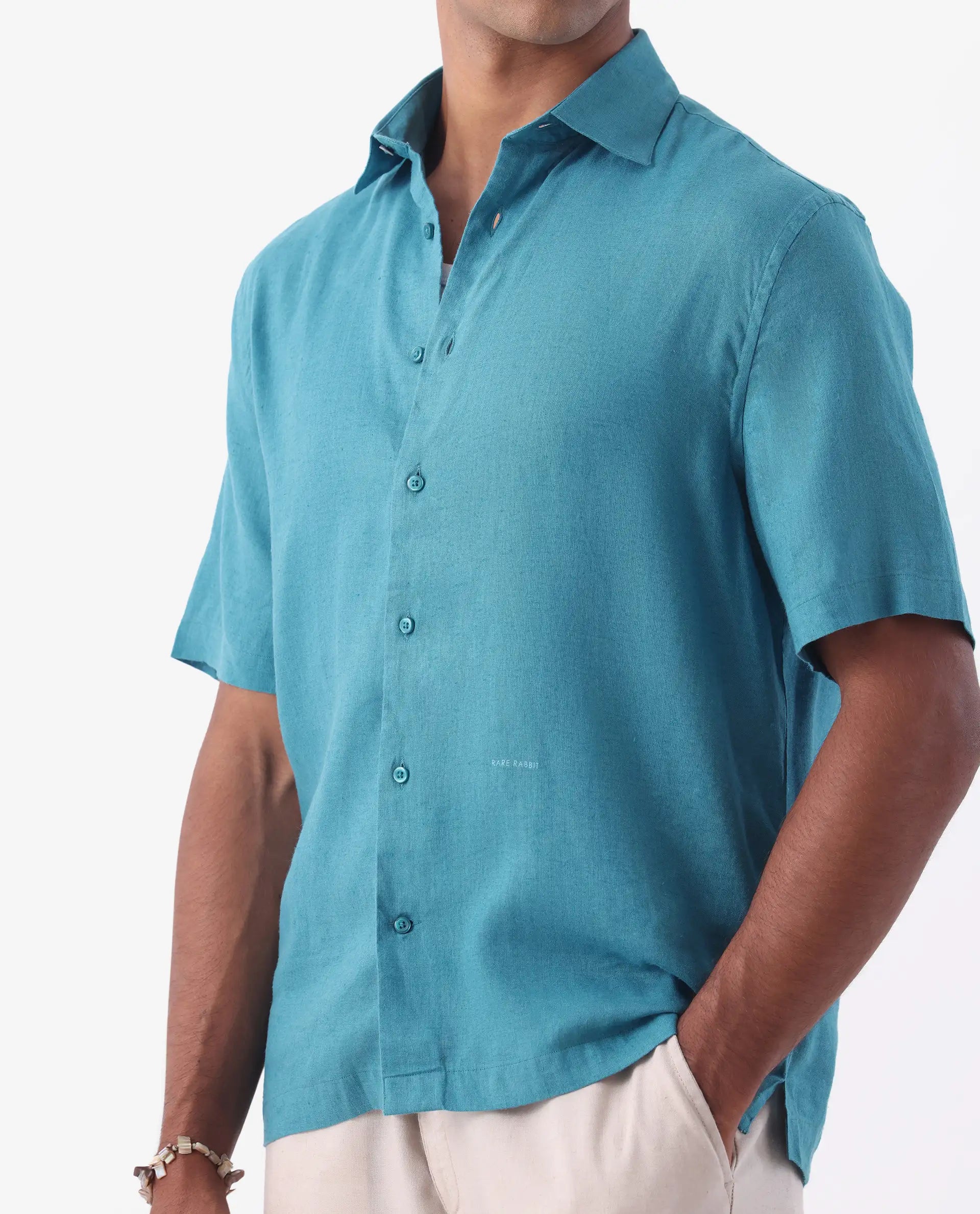 Rare Rabbit Men's Linex-1 Ss Turq 100% Linen Plain Regular Fit Half Sleeve Collared Shirt