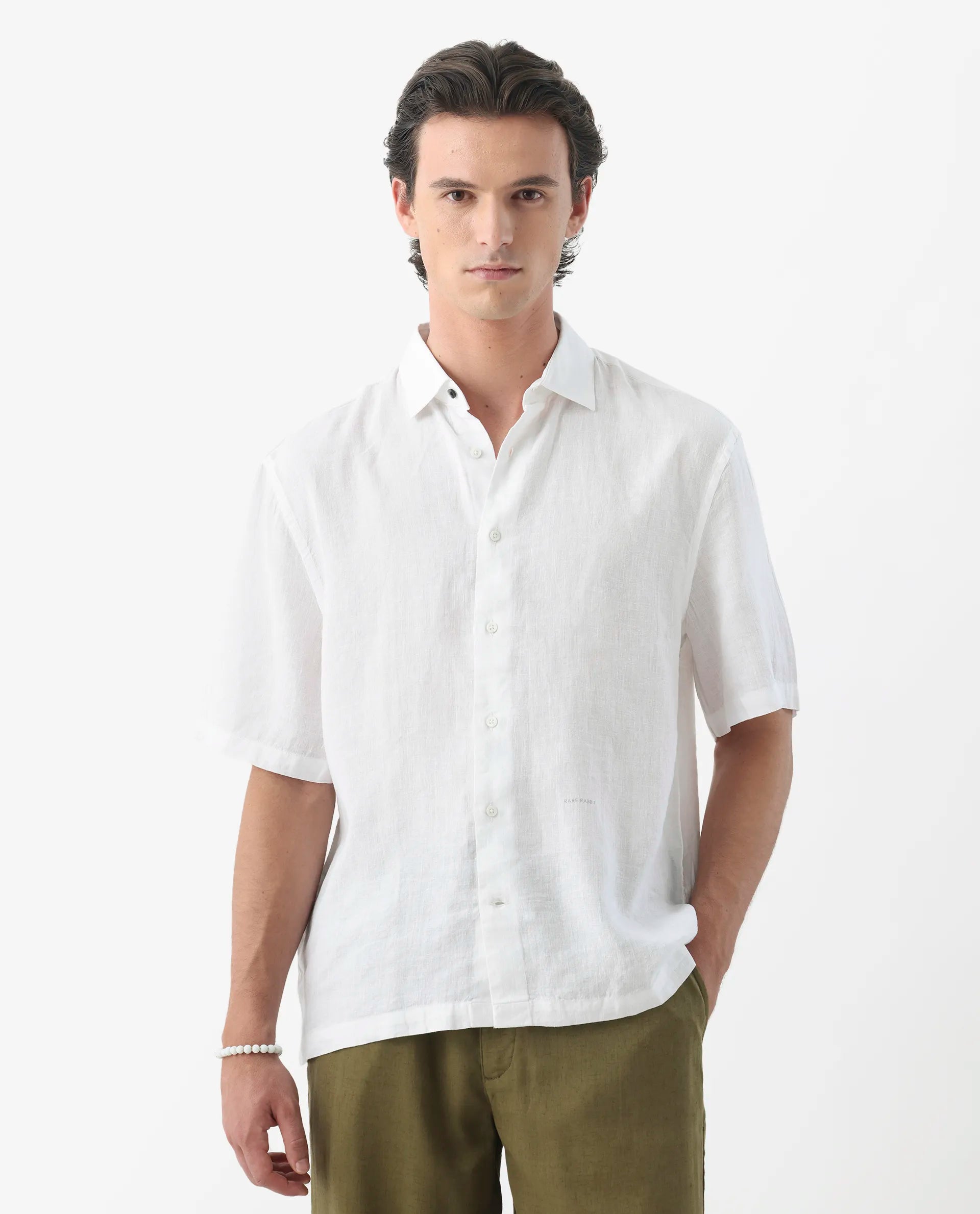 Rare Rabbit Men's Linex-1 Ss White 100% Linen Plain Regular Fit Half Sleeve Collared Shirt