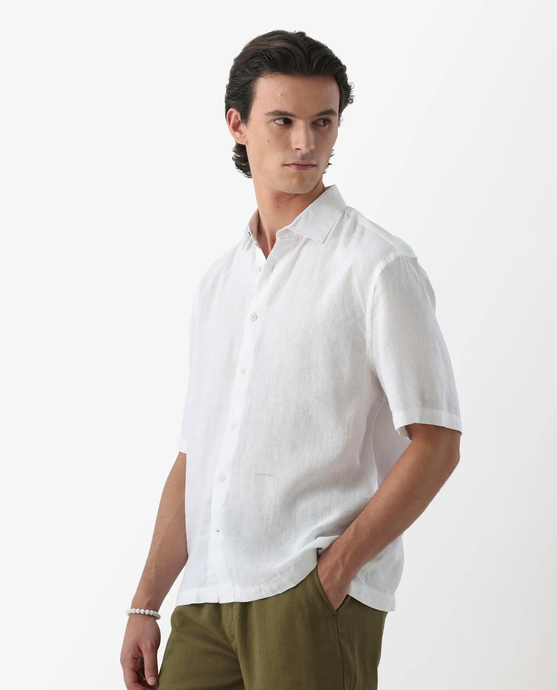 Rare Rabbit Men's Linex-1 Ss White 100% Linen Plain Regular Fit Half Sleeve Collared Shirt