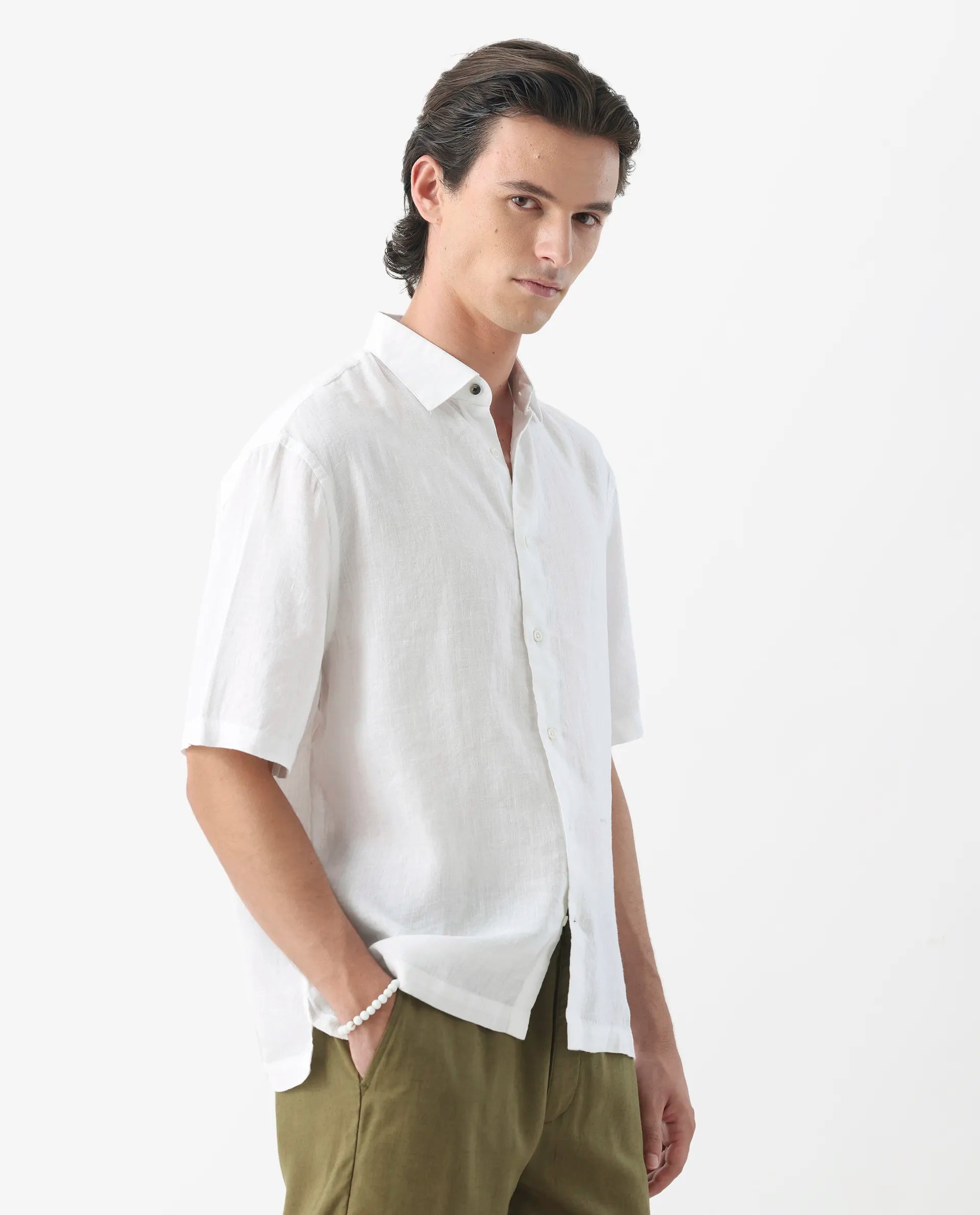 Rare Rabbit Men's Linex-1 Ss White 100% Linen Plain Regular Fit Half Sleeve Collared Shirt