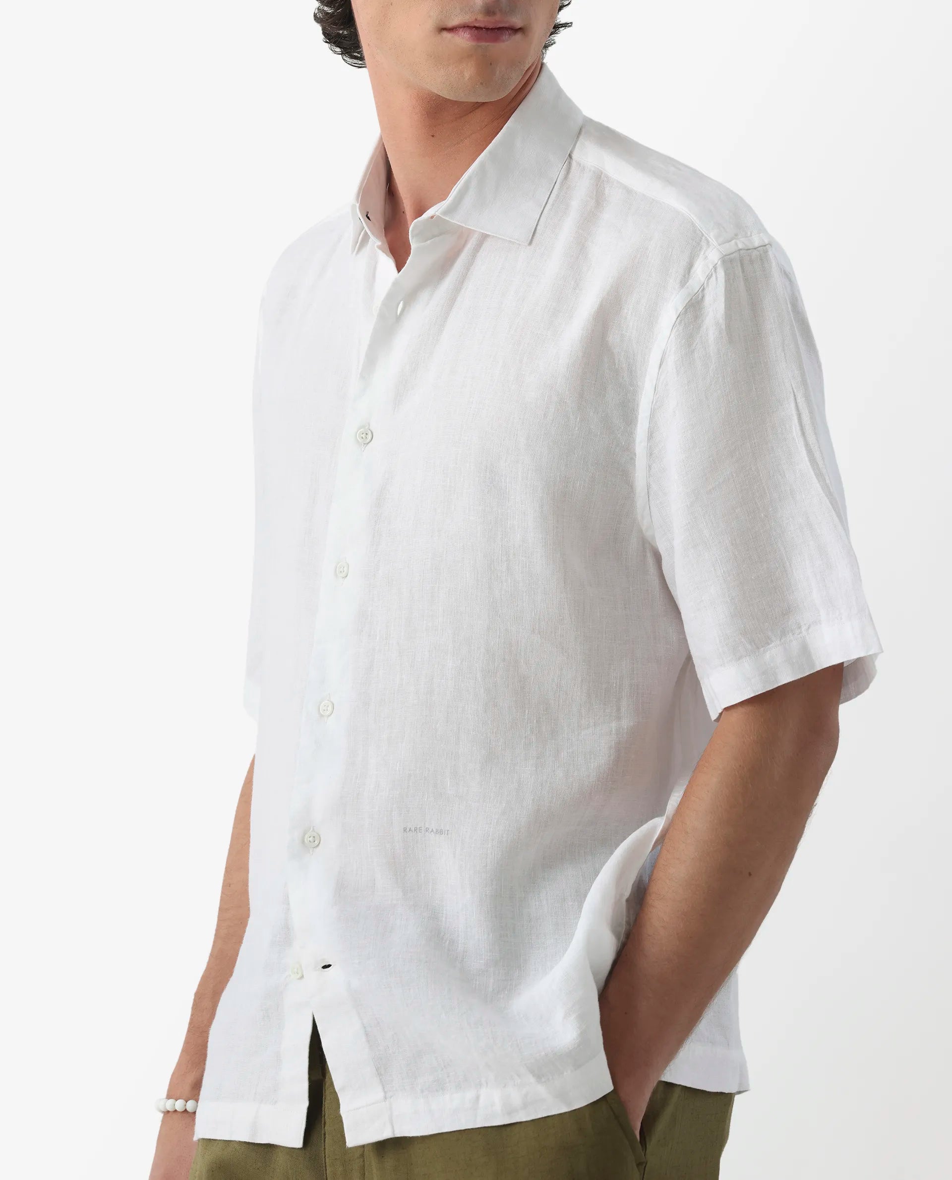 Rare Rabbit Men's Linex-1 Ss White 100% Linen Plain Regular Fit Half Sleeve Collared Shirt