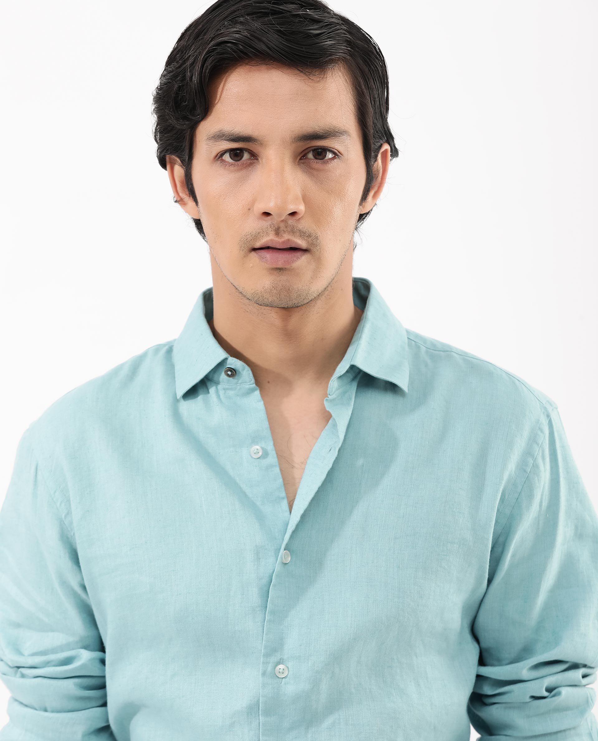 Rare Rabbit Men's Linex-1 Flouroscent Blue Linen Excel Fabric Full Sleeves Regular Fit Solid Shirt