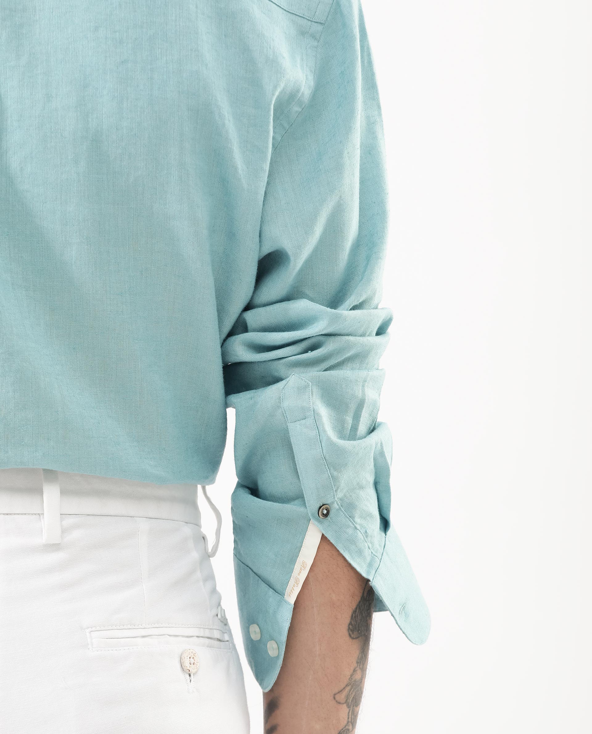 Rare Rabbit Men's Linex-1 Flouroscent Blue Linen Excel Fabric Full Sleeves Regular Fit Solid Shirt