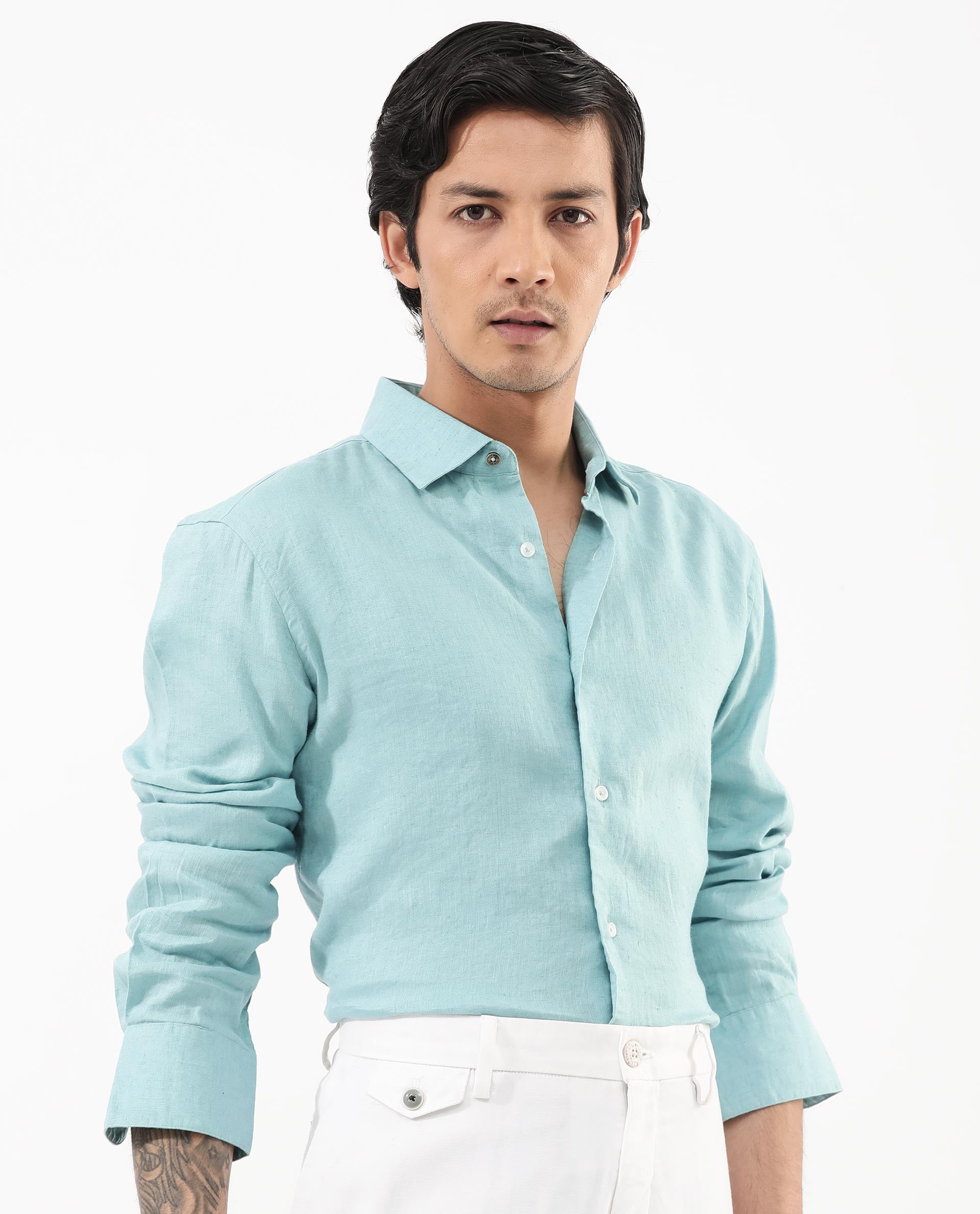 Rare Rabbit Men's Linex-1 Flouroscent Blue Linen Excel Fabric Full Sleeves Regular Fit Solid Shirt