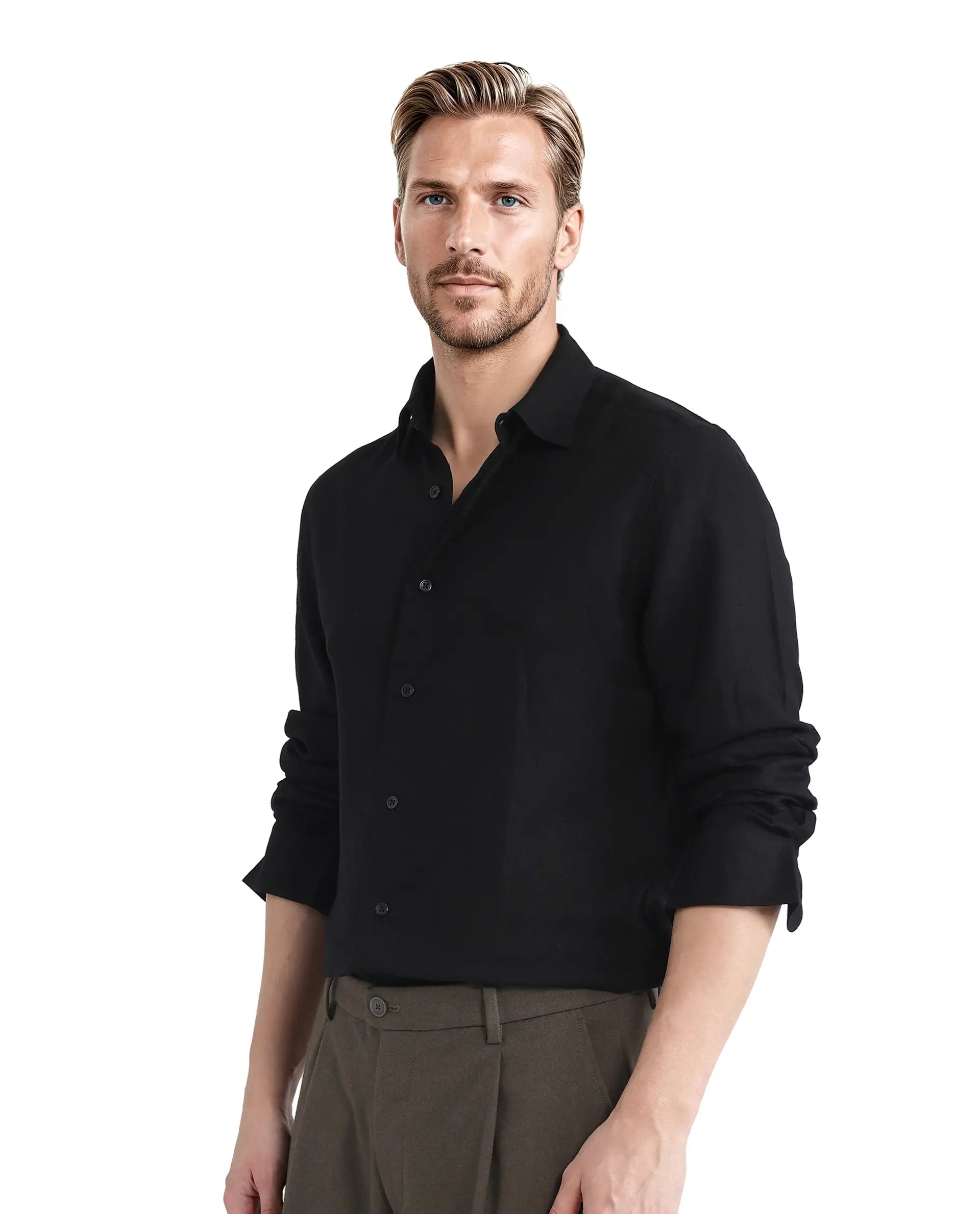 Rare Rabbit Men Linex Ls-25 Black Linen Lyocell Fabric Full Sleeve Regular Collared Button Closure Regular Fit Plain Shirt