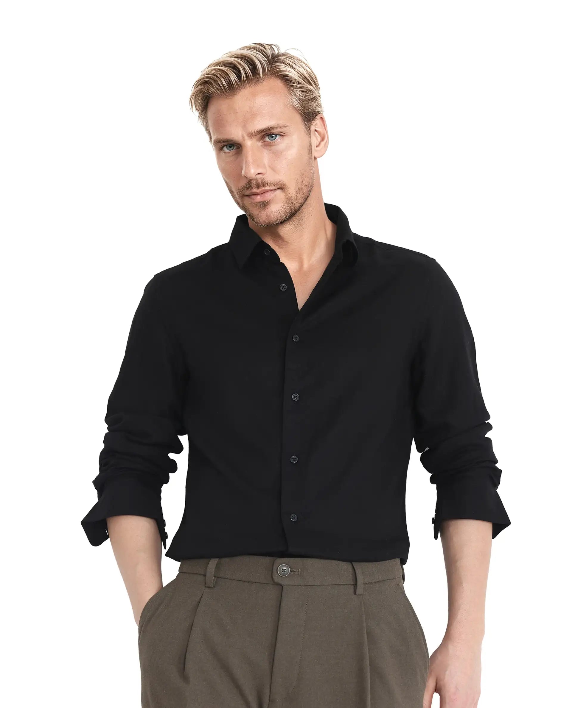 Rare Rabbit Men Linex Ls-25 Black Linen Lyocell Fabric Full Sleeve Regular Collared Button Closure Regular Fit Plain Shirt