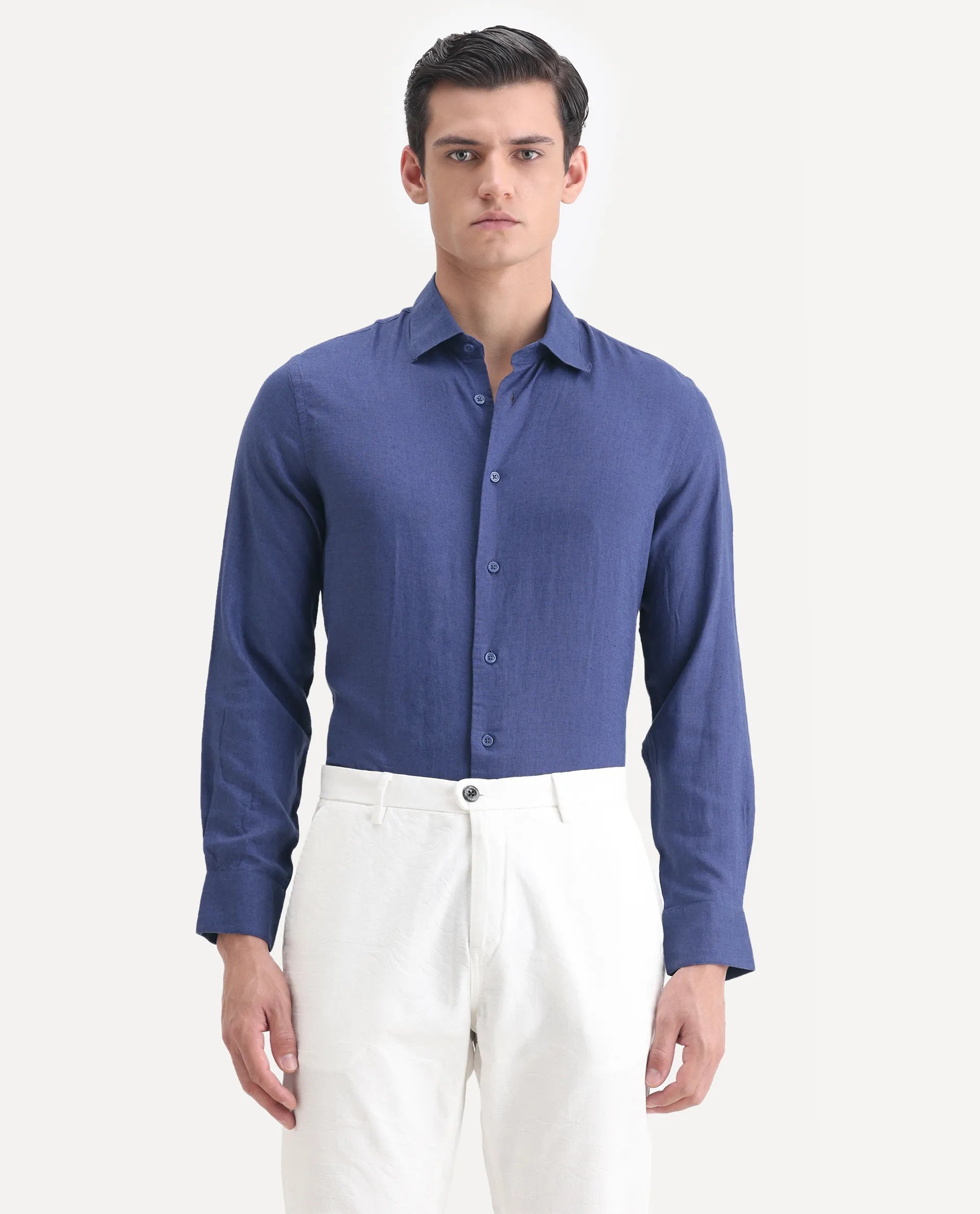 Rare Rabbit Men's Linex Ls-25 Blue Linen Blend Plain Regular Fit Full Sleeve Collared Shirt