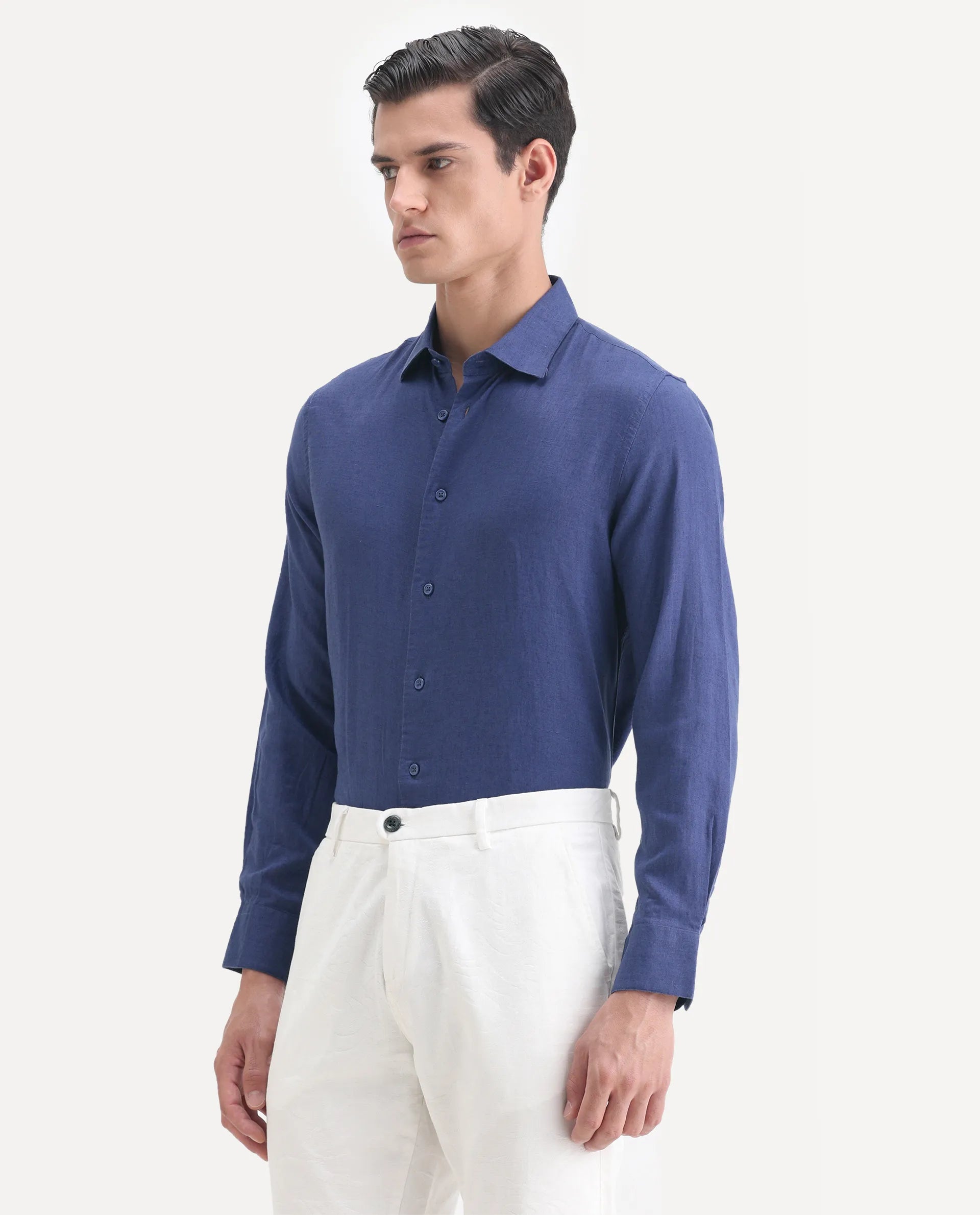 Rare Rabbit Men's Linex Ls-25 Blue Linen Blend Plain Regular Fit Full Sleeve Collared Shirt