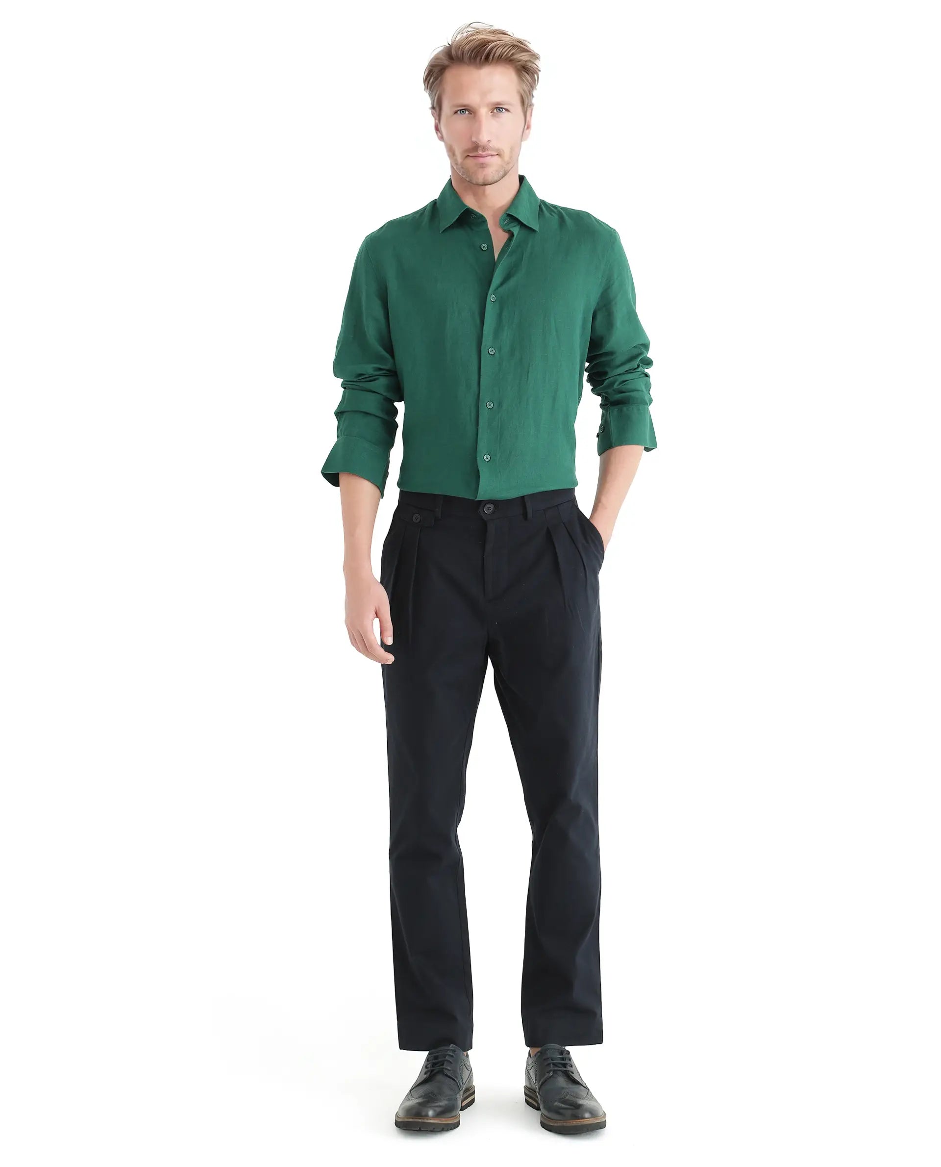 Rare Rabbit Men Linex Ls-25 Green Linen Lyocell Fabric Full Sleeve Regular Collared Button Closure Regular Fit Plain Shirt