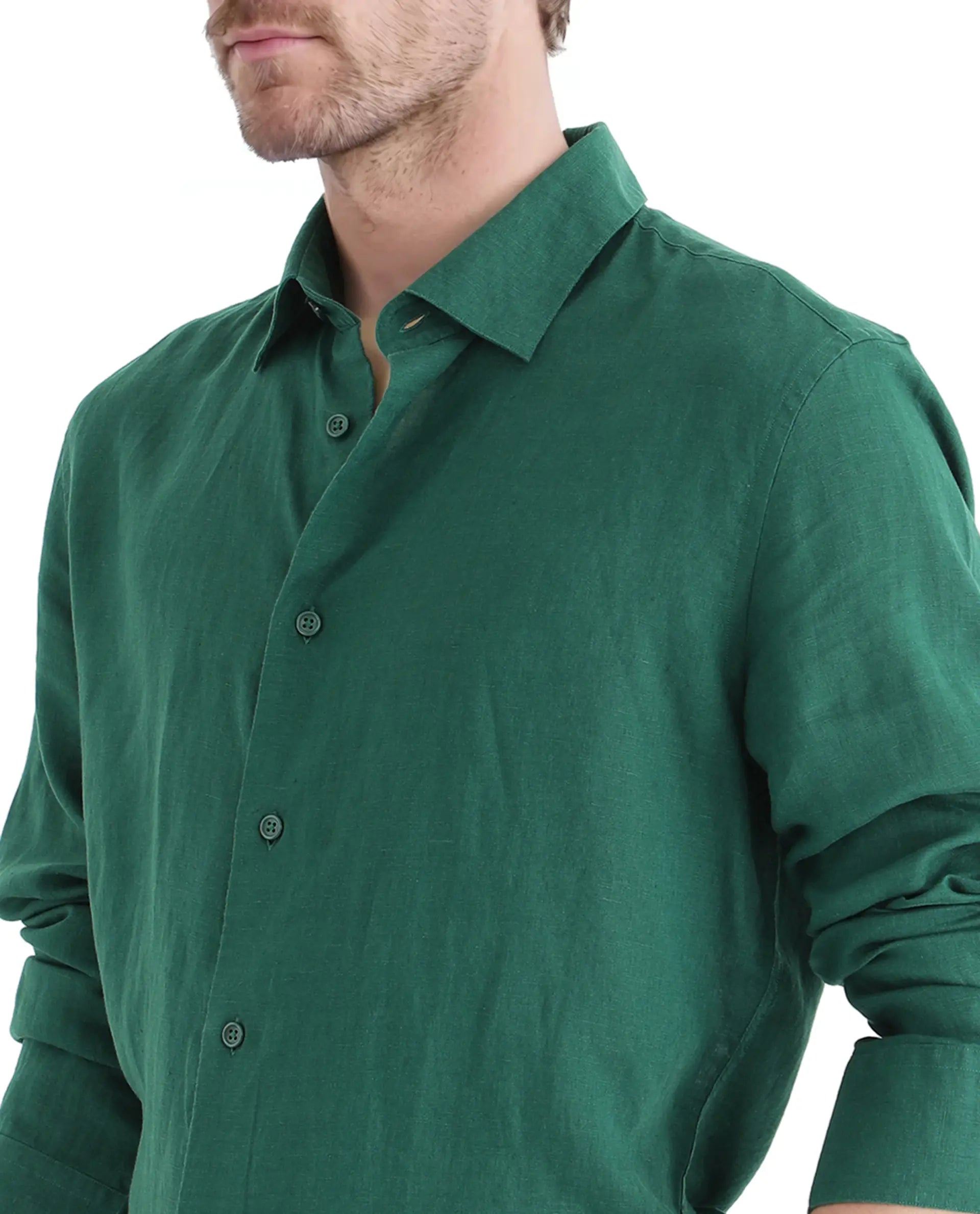 Rare Rabbit Men Linex Ls-25 Green Linen Lyocell Fabric Full Sleeve Regular Collared Button Closure Regular Fit Plain Shirt