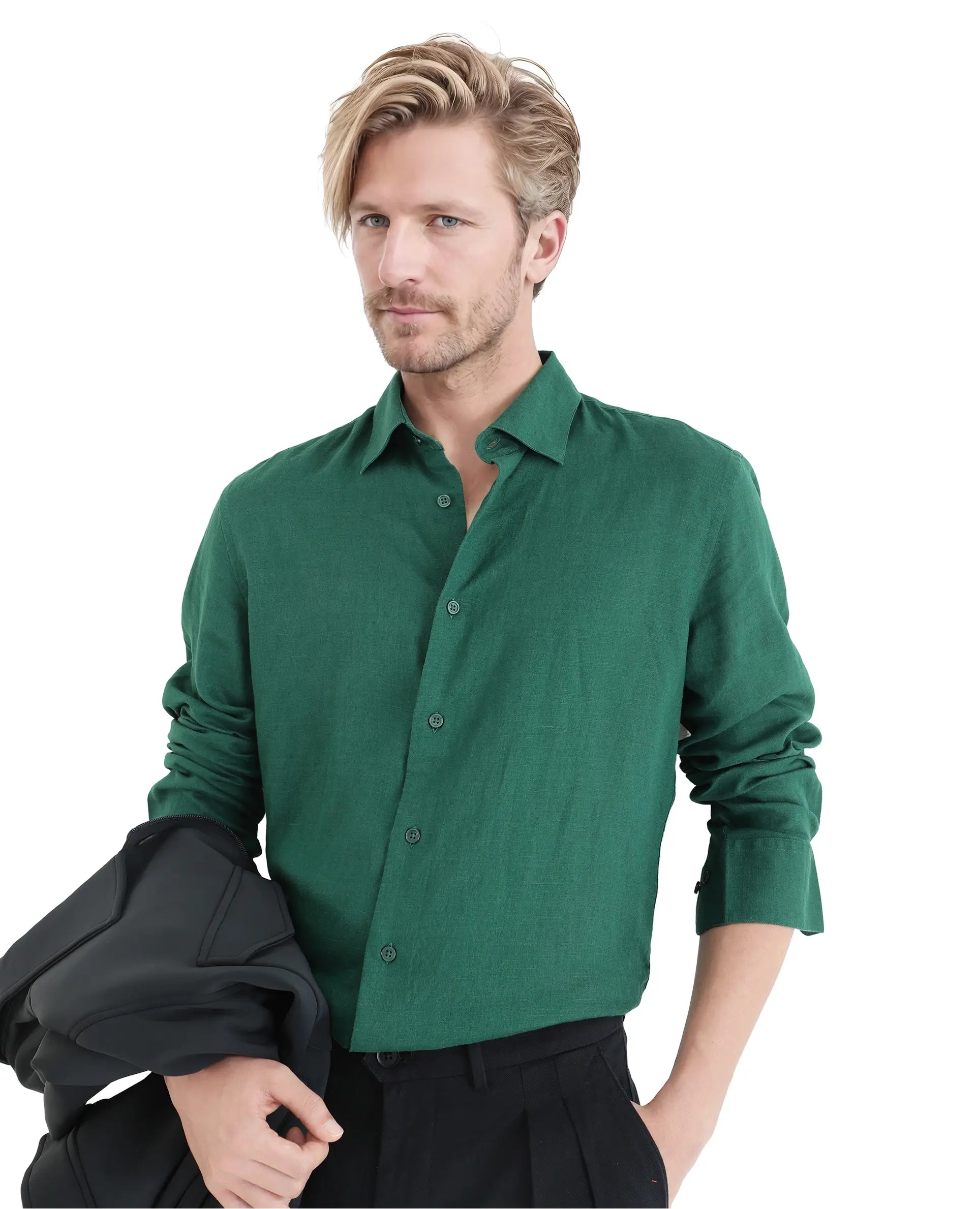 Rare Rabbit Men Linex Ls-25 Green Linen Lyocell Fabric Full Sleeve Regular Collared Button Closure Regular Fit Plain Shirt