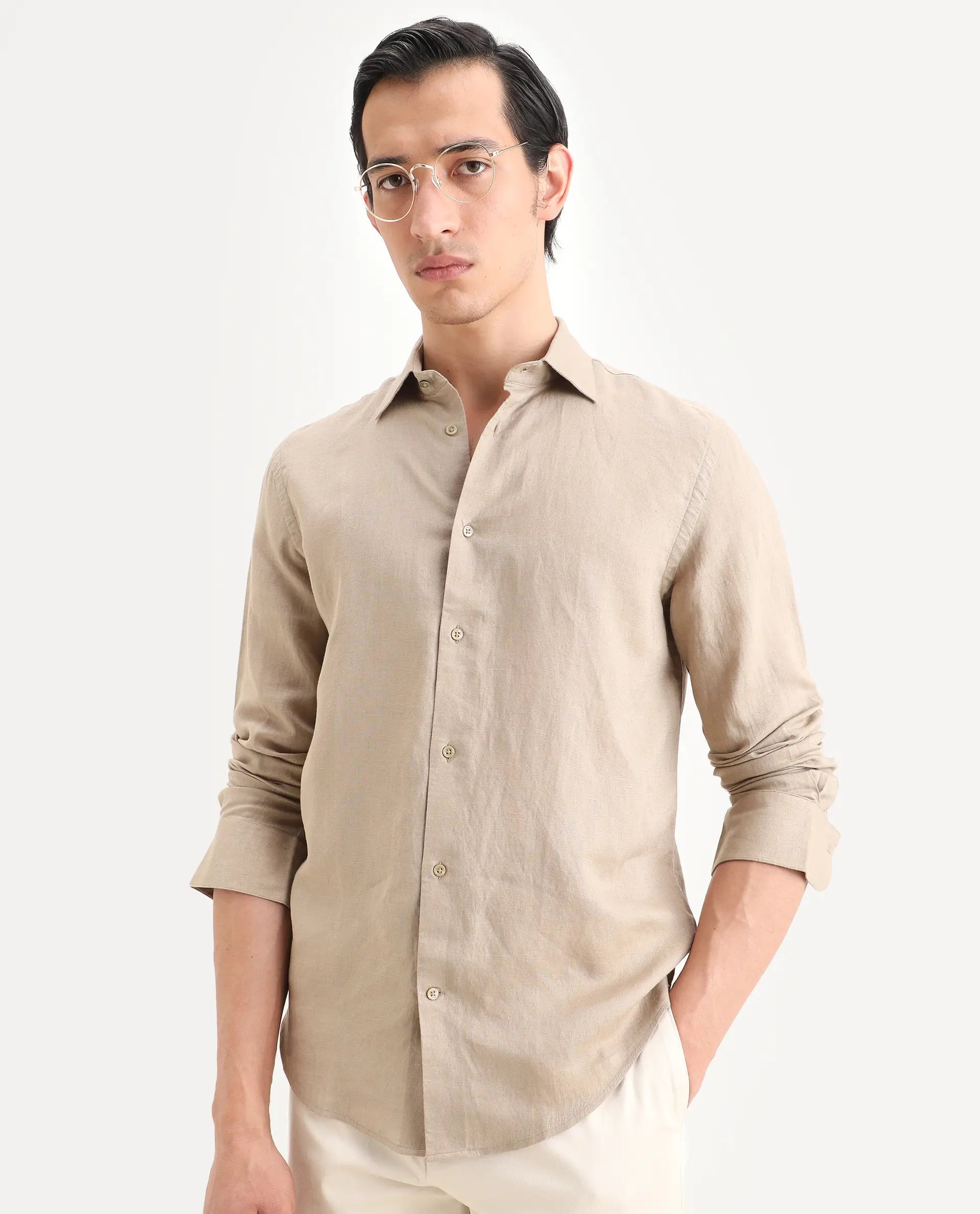 Rare Rabbit Men's Linex Ls Beige Linen Blend Fabric Full Sleeve Spread Collar Regular Fit Plain Shirt