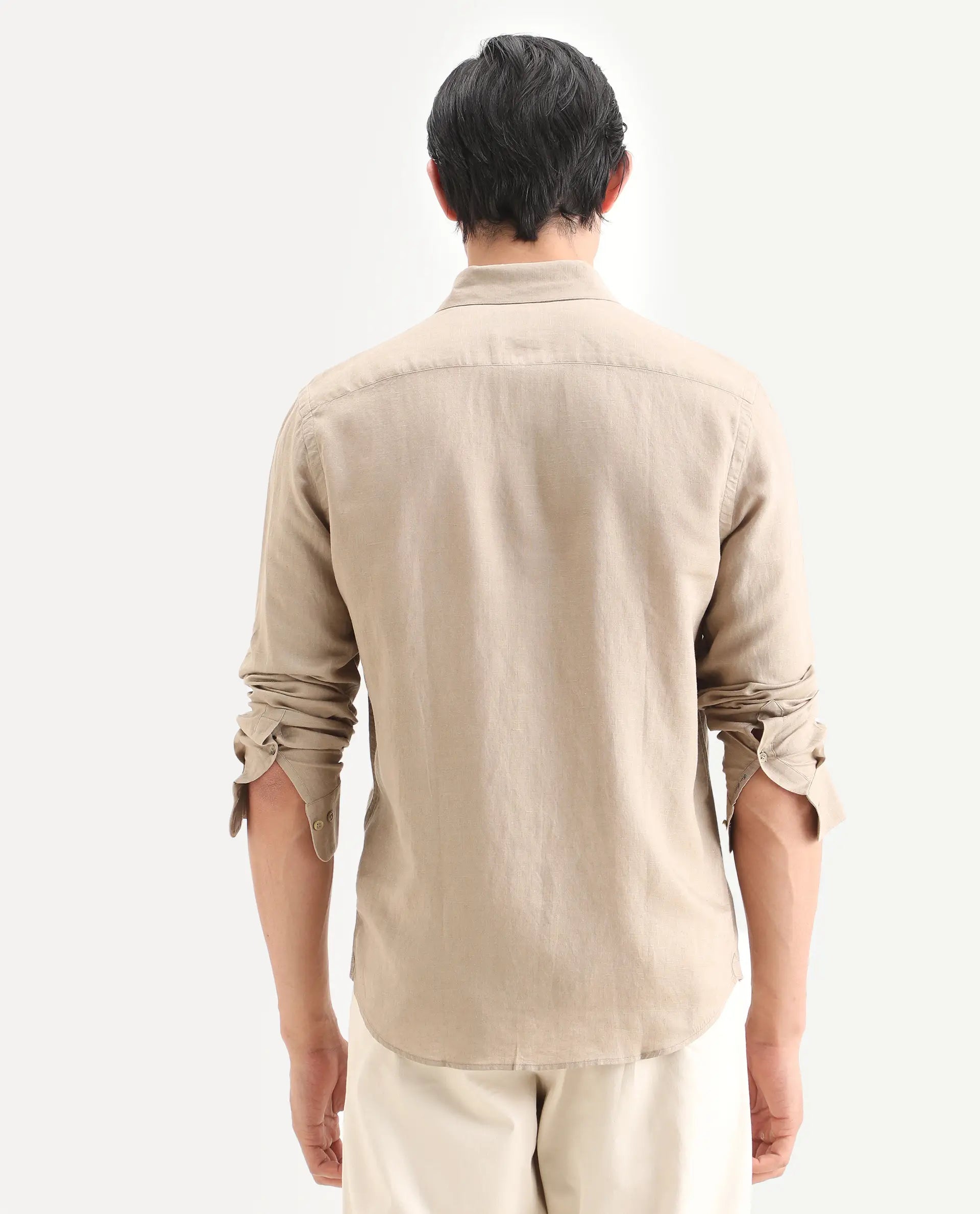 Rare Rabbit Men's Linex Ls Beige Linen Blend Fabric Full Sleeve Spread Collar Regular Fit Plain Shirt