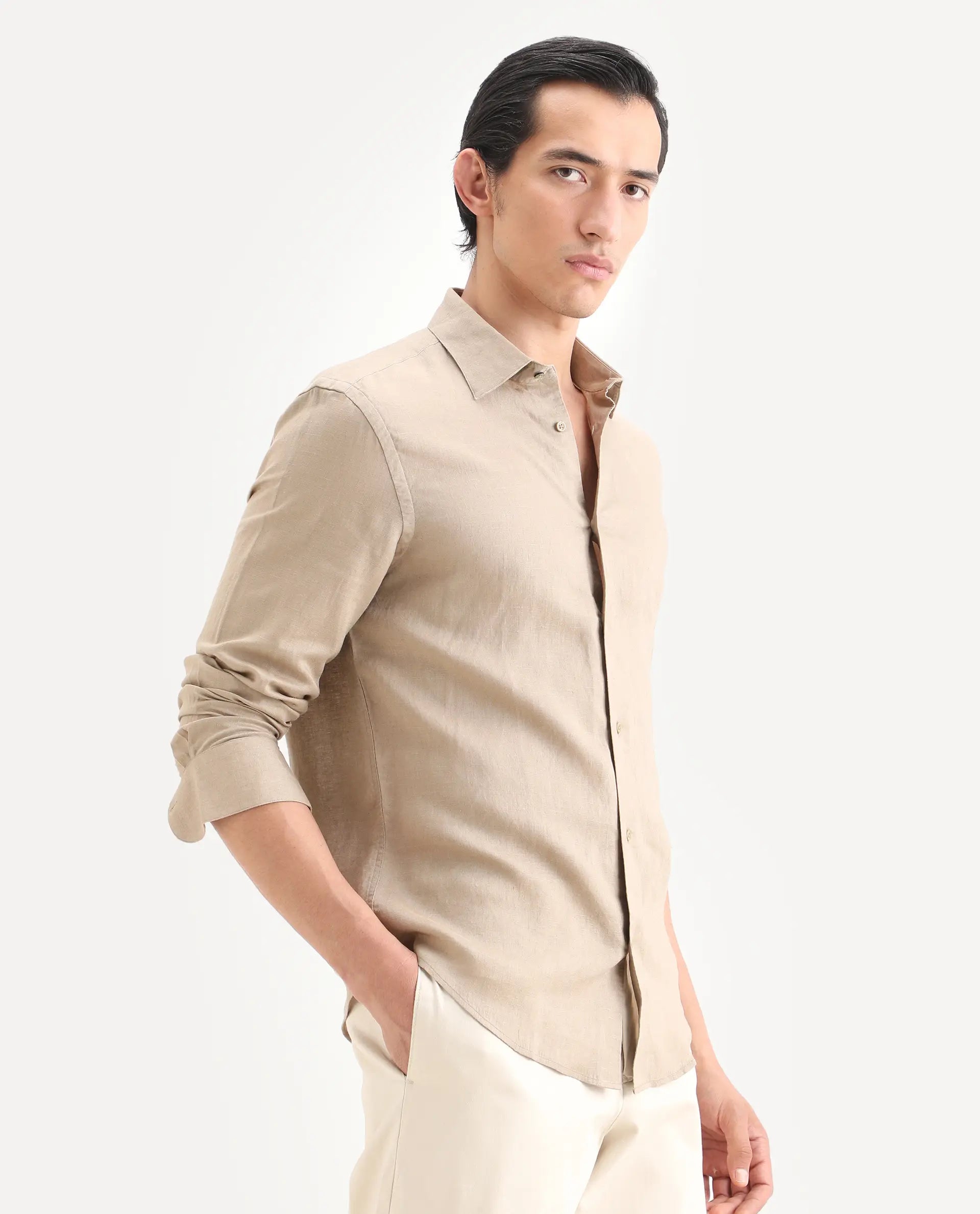 Rare Rabbit Men's Linex Ls Beige Linen Blend Fabric Full Sleeve Spread Collar Regular Fit Plain Shirt